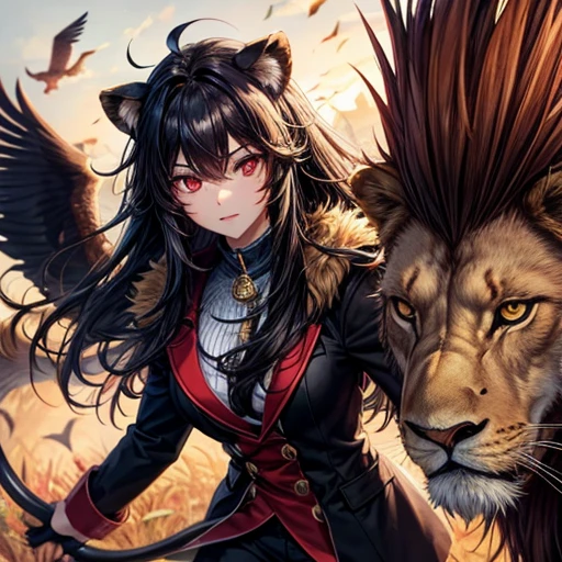 Lion, Black Hair, Red eyes, wing, Very monstrous