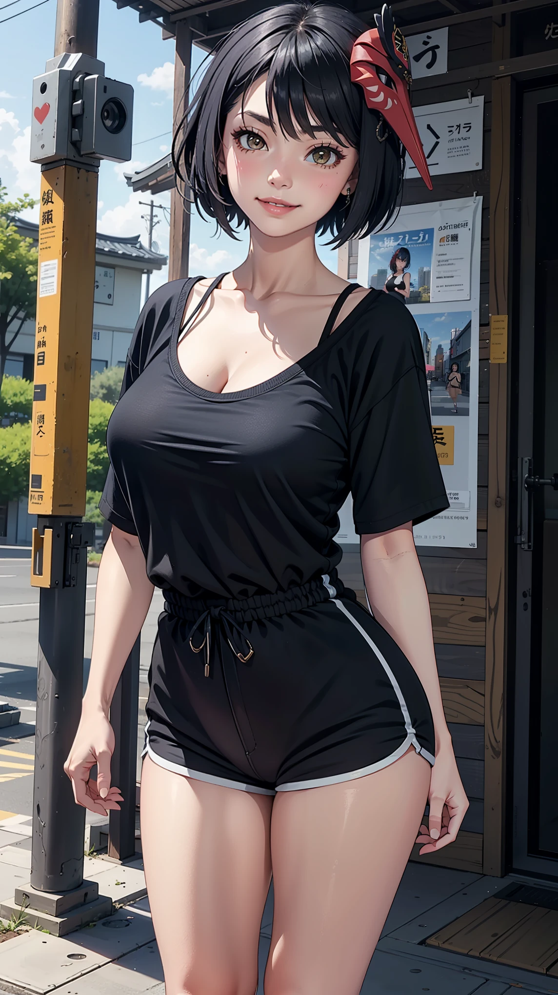 (Kujousararnd), masterpiece, narrow waist,large breast, blush, detail body, outdoor, detail eyes, cg, (black shirt), standing, smile, (from front), dolphin shorts, crop shirt, oversize shirt, cleavage