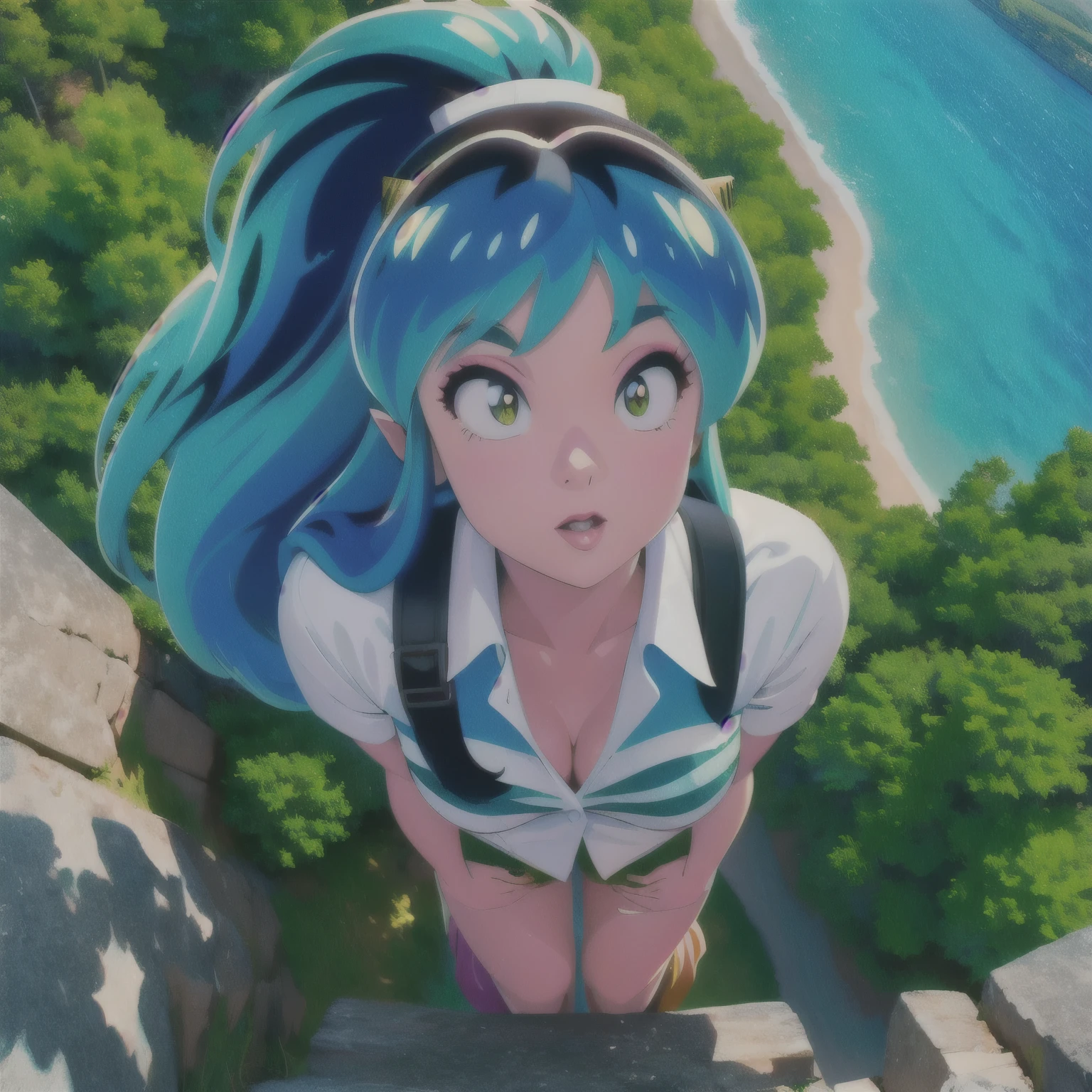 (masterpiece, best quality:1.2), 1girl, solo, Urusei Yatsura flying in the sky looking at viewer. She flies over valley and river. High detailed trees. (Best quality, 8k, High Resolution, Masterpiece:1.2), ultra-detailed, (realistic, photorealistic, photo-realistic:1.37), ((Best quality)), ((Masterpiece)), (detailed), looking up from the bottom, (wide angle), (top_view_perspective:1.3), [photographing from above, high angle shot, realistic view from above, (Overhead view:1.20), top view, looking up from the bottom, (wide angle), (top_view_perspective:1.3)]