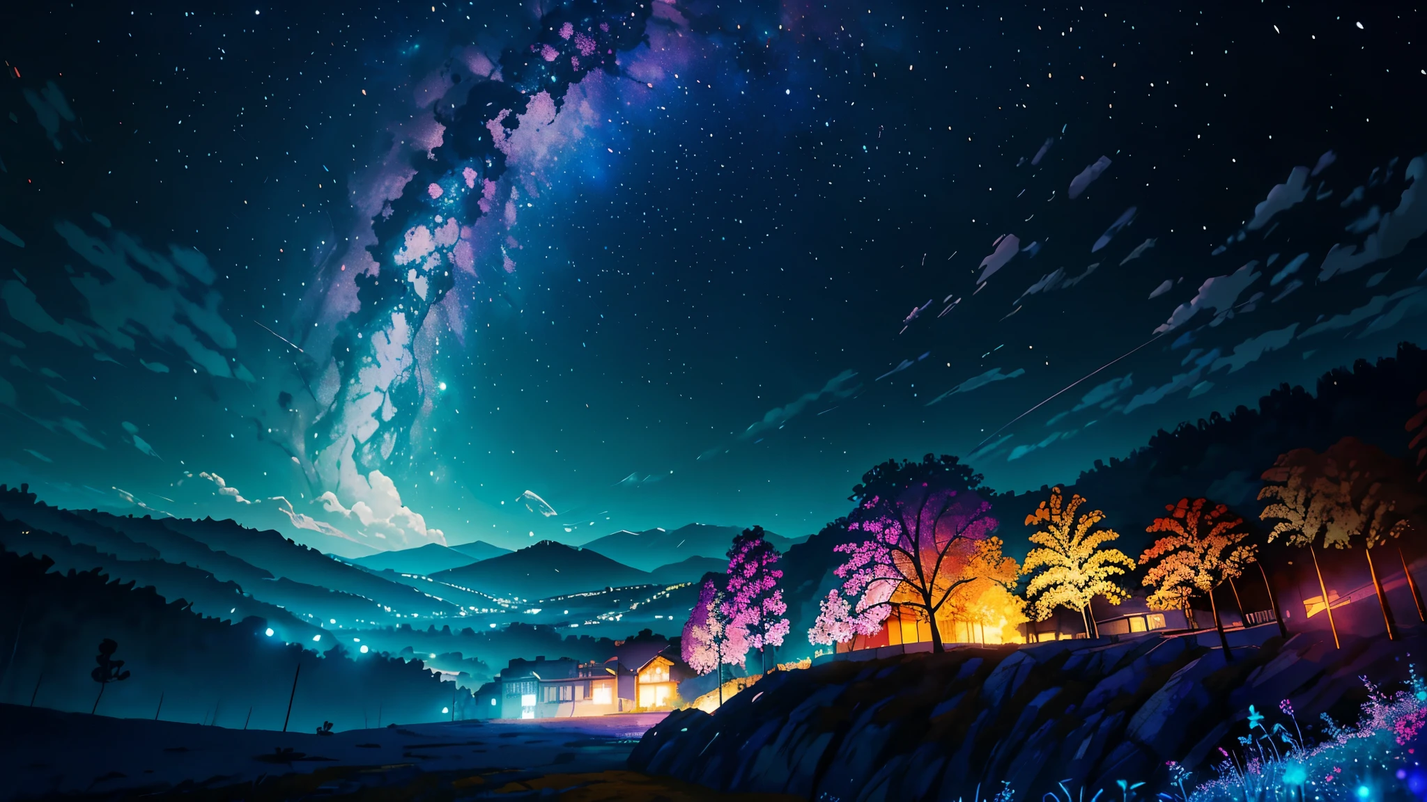 Fotografia de paisagem ampla , (a view from below that shows the sky above and the open countryside below), uma garota parada no campo de flores olhando para cima, (lua cheia:1.2), ( estrelas cadentes:0.9), (nebula:1.3), montanha distante, tree BREAK production art, (fonte de luz quente:1.2), (vaga-lume:1.2), light bulb, muito roxo e laranja, detalhes intrincados, BREAK volumetric lighting (obra de arte:1.2), (melhor qualidade), 4k, ultra-detalhado, (Dynamic Composition:1.4), altamente detalhado, detalhes coloridos,( cores iridescentes:1.2), (bright lighting, Atmospheric lighting), sonhadores, magical, (Sozinho:1.2)