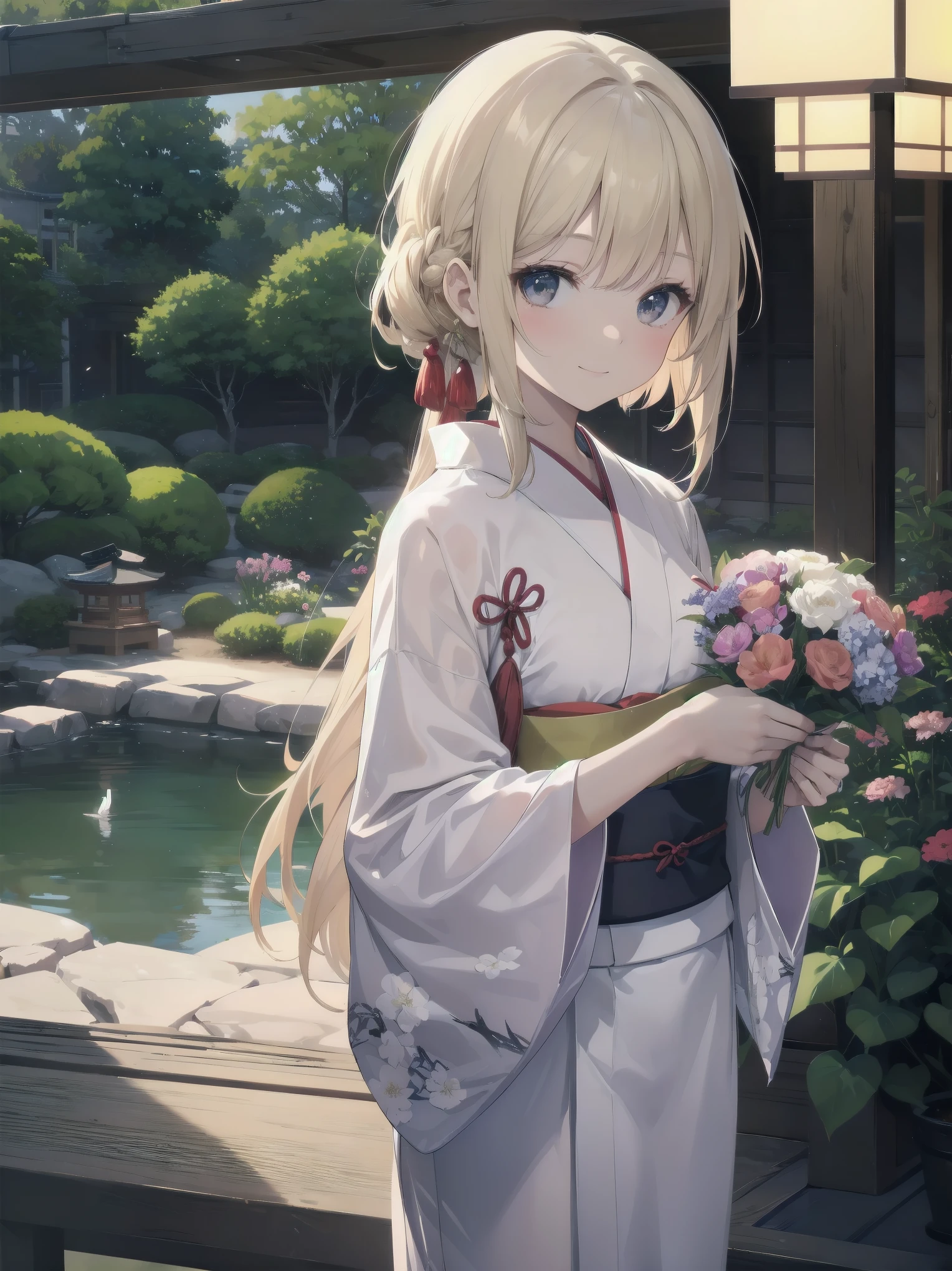 Subject: pretty beautiful girl
Subtitle: {Long, straight blonde hair}{Japanese-style yukata}{Posing picking flowers}{Japanese garden}{Smiling demurely}{Mirrorless camera, f/1.8, 1/400 sec, ISO 800, soft focus effect}
A beautiful girl with long, straight blonde hair stands in a quiet Japanese garden. She is wearing a beautiful Japanese yukata and is elegantly picking flowers. Her modest smile enhances her elegance and makes for a memorable scene. In the background is a lush green Japanese garden, which gives the scene a traditional beauty. The photo was taken with a mirrorless camera at f/1.8 aperture, shutter speed 1/400 sec, ISO 800, and the soft-focus effect adds to the soft, magical atmosphere.