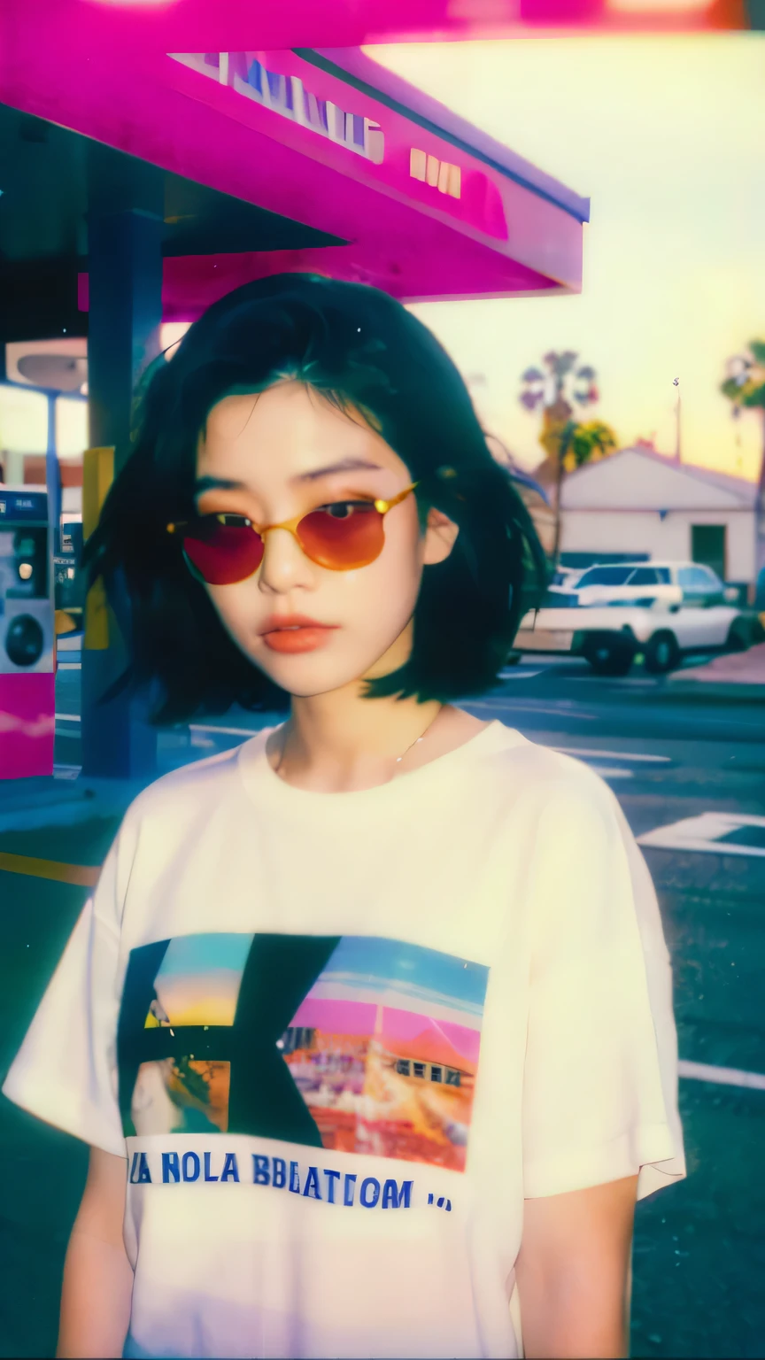 (long shot photography) ((best quality)), ((masterpiece)), (detailed), perfect beautiful face ,25 yo cute korean, (like a Jennie Black Pink) perfect face, black bob hairstyles ,found footage, retro, 90's, old photo, photo noise, old photo, retro, masterpiece, raw photo, film photo, old, noisy photo, in front of the camera, casual photo, grain photo, in front of the camera, VHS footage, VHS look, chromatic aberration( low chromatic aberration), film footage, grainy photo, dirty photo, posing, retro photo, vintage photo, old, 90's, wearing white oversize t-shirt, red sunglasses, background at california gas station,palm trees, blue sky, summer, los angles vibes