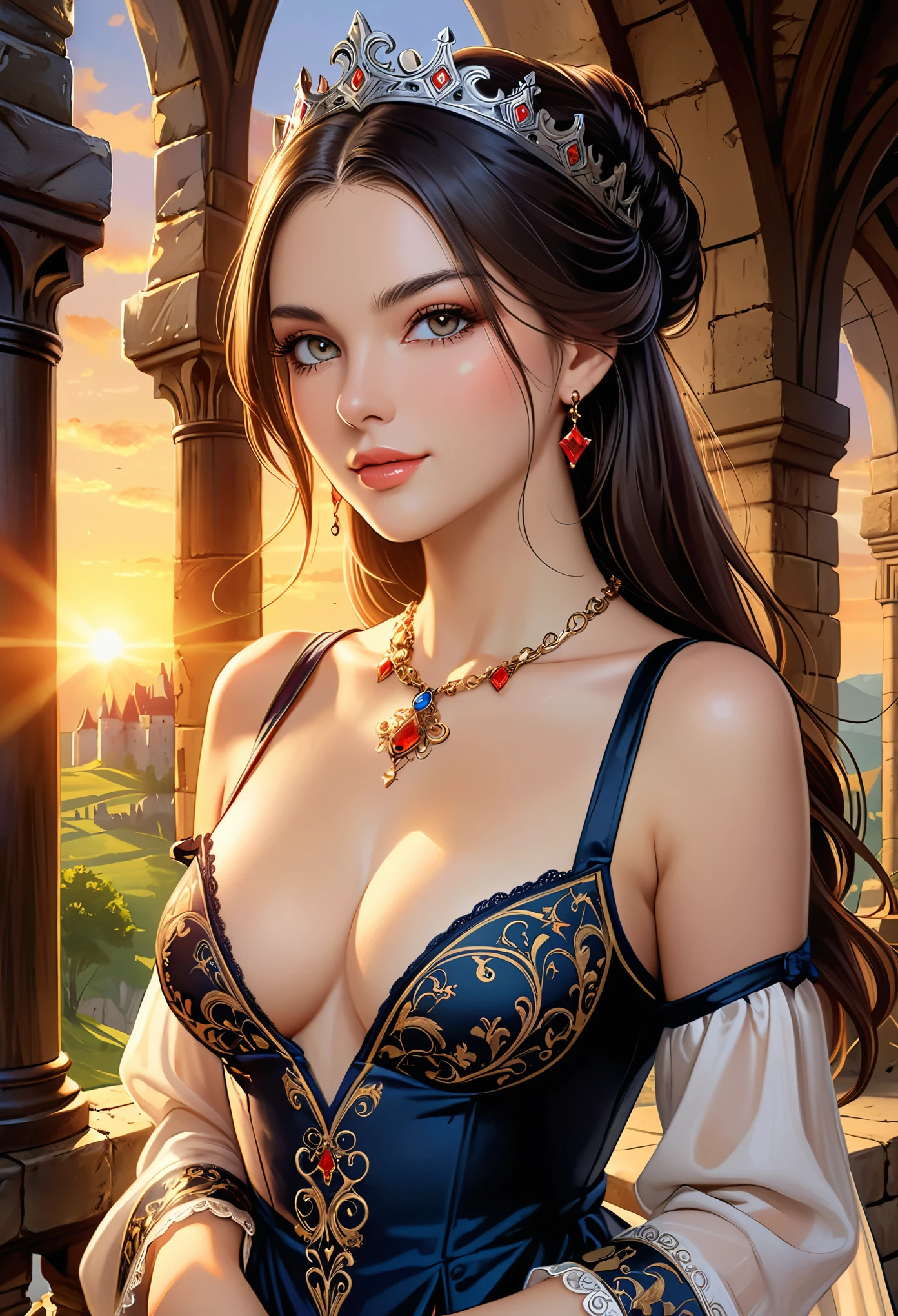 (masterpiece, top quality, best quality, official art, beautiful and aesthetic:1.2),(colorful:1.2),
(1girl:1.2),
beautiful face, pale face, black eyes, astunningly beautiful medieval courtesan, cleavage, woman shining eyes, smirk, sultry look, seductive smile, sexy, intricate medieval dress with plunging neckline, embroidery, necklace, jewelry, detailed medieval castle interior in background, fantasy setting, sunset, sunny day
, fantasy concept art,
