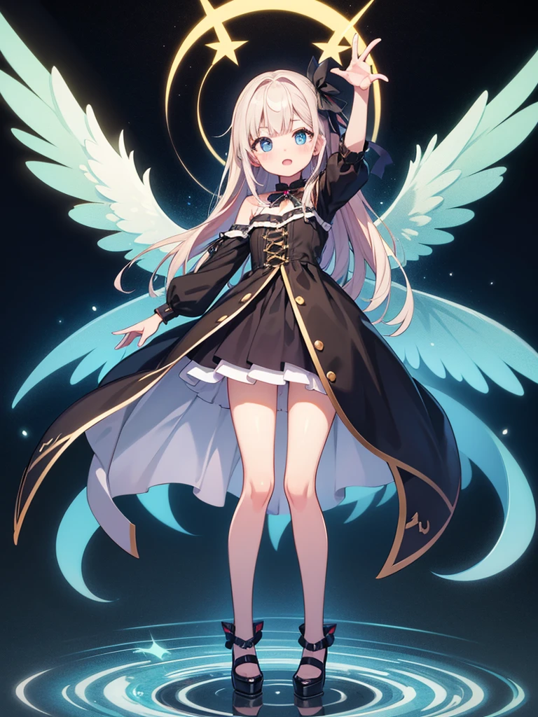 1girl、vtuber-fullbody、Standing in front of the viewer、highest quality、Masterpiece、Official Art、Super detailed、The best composition、Star Fairy, Angel&#39;s wing, 白髪short hair、, hair band, short hair, dress, Frills, Blue eyes, blue dress,Star horn , Are standing 、Cute clothes with designs no one has ever seen before、Simple white background、
