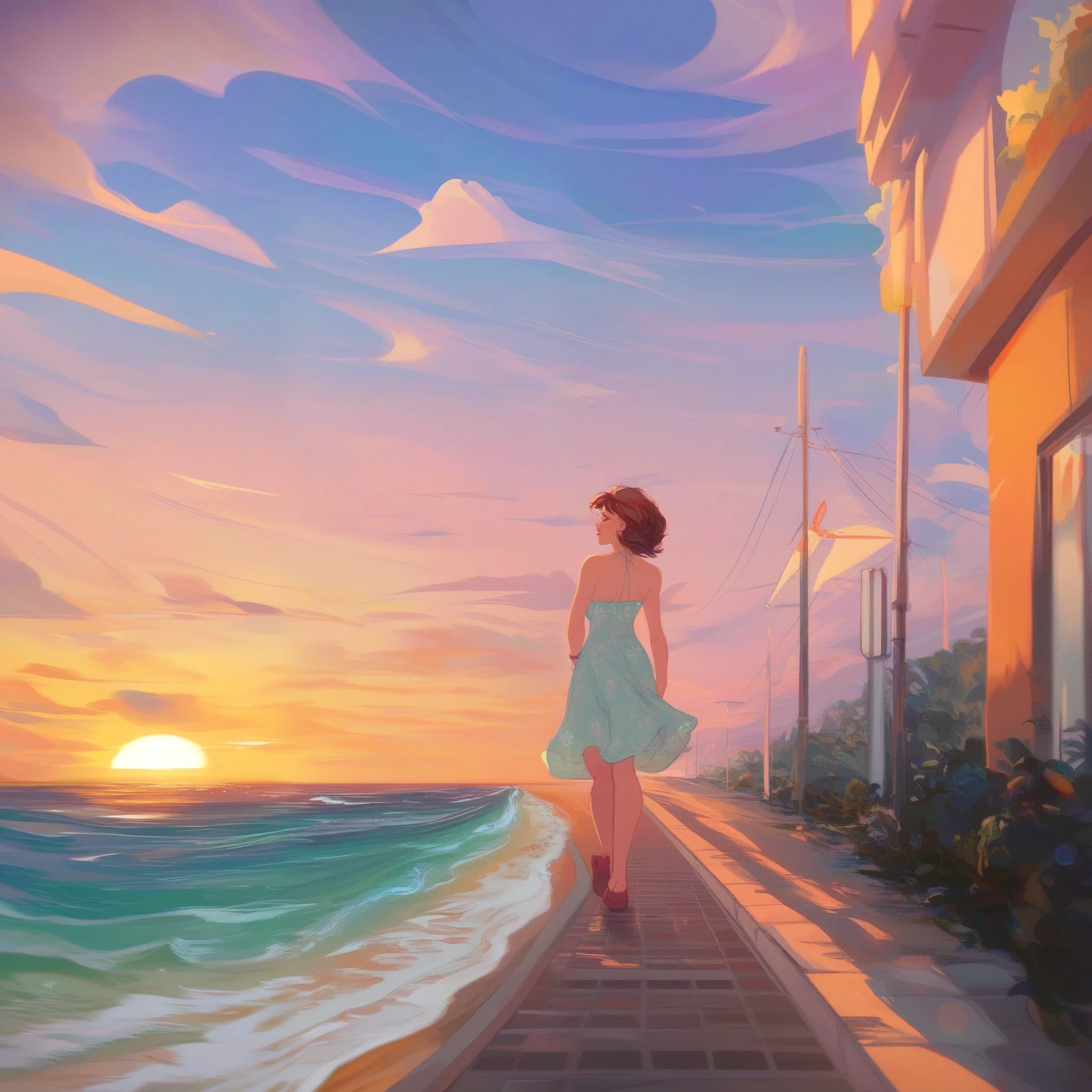 score_9, score_8_up, score_7_up, high quality drawing of an Italian girl, nostalgic, walkway over the sea, beach, short black bobbed hair, wearing dress, pastel, sunset