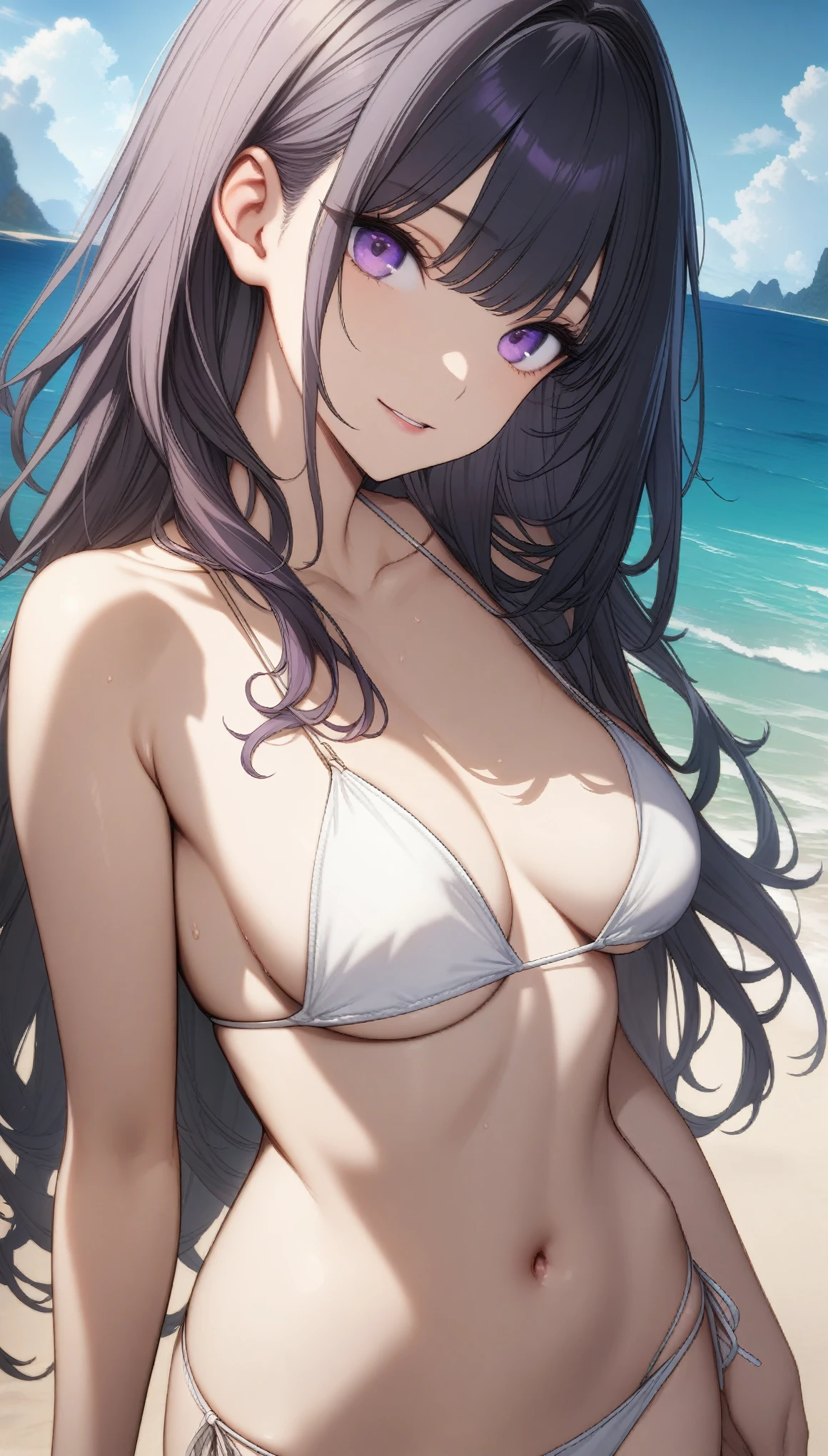 nsfw, 32k, best quality, ultra high res, HDR, UHD, extremely detailed CG, unity 32k wallpaper, One girl,High resolution, high quality, masterpiece, Purple eyes, White Bikini, Beach,