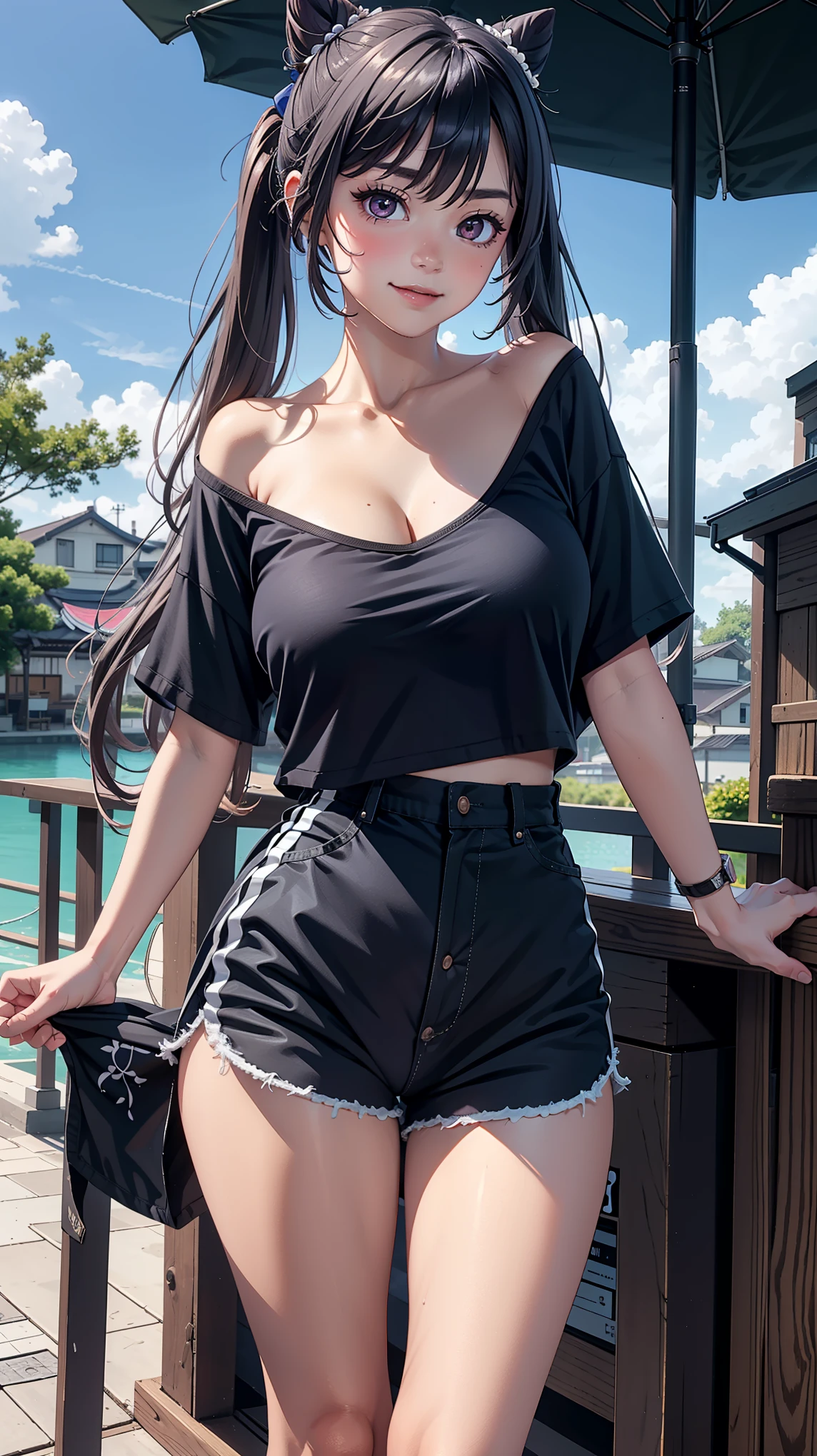 (Keqingrnd), masterpiece, narrow waist,large breast, blush, detail body, outdoor, detail eyes, cg, (black shirt), standing, smile, (from front), dolphin shorts, crop shirt, oversize shirt, cleavage