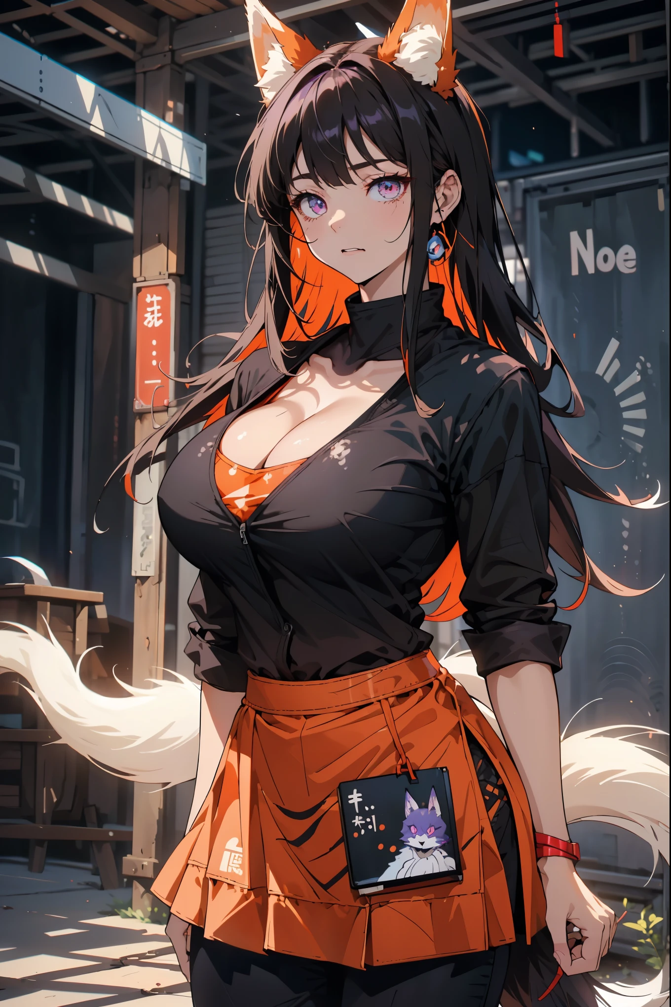 （（（完美number，number，（（（solitary,White skin，Kurama,Kurama, Abdominal muscles, Red Eyes, Animal ears, Body hair, Colored sclera, fox ears, fox girl, fox Tail, hairy, hairy female, fox, multiple Tails, muscular,  Orange fur,  Tail,  （（（Hinata\(Poluto\),Purple Hoodie,Brown pants,Black shirt, apron））），））），（（（Hinata\(Poluto\),,(((Black long hair))), blue eyes,Bangs））），((masterpiece)),high resolution, ((Best quality at best))，masterpiece，quality，Best quality，（（（ Exquisite facial features，looking at the audience,There is light in the eyes，(（（pain, patience, Bite your lip））)，））），型number:1.7））），（（（light and shadow，Huge breasts））），（（（Looking at the camera，black background，）））