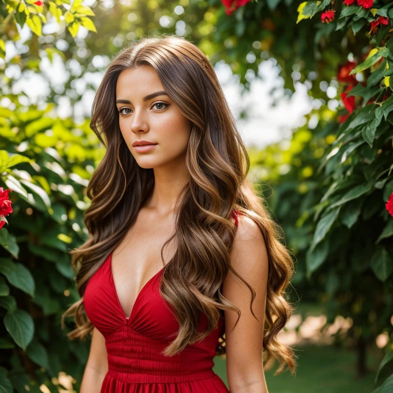 a beautiful 21-year-old brunette European woman with long wavy hair,green eyes,full lips,detailed facial features,wearing a red dress,sunglasses,standing in a sunny outdoor garden setting,natural lighting,high quality,photorealistic,detailed cinematic portrait,colorful,vibrant colors,warm color palette