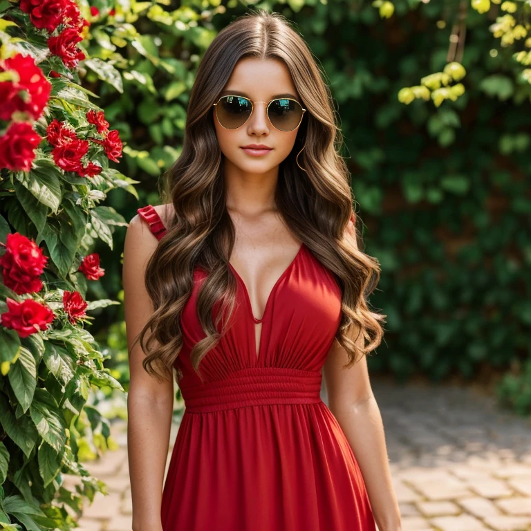 a beautiful 21-year-old brunette European woman with long wavy hair,green eyes,full lips,detailed facial features,wearing a red dress,sunglasses,standing in a sunny outdoor garden setting,natural lighting,high quality,photorealistic,detailed cinematic portrait,colorful,vibrant colors,warm color palette
