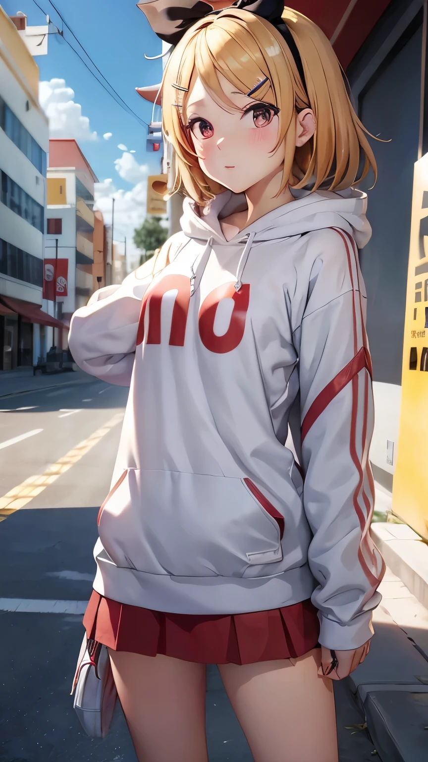 Kagamine rin , 1 girl , wearing a red hooded sweater , white miniskirt with gold horizontal lines , viendo al espectador , bragas visibles , rostro seductor ,(imagen de ultra alta calidad 8k ) obra maestra ( high-definition picture ) , maximum image resolution , ( detalles de la imagen bien definidos )