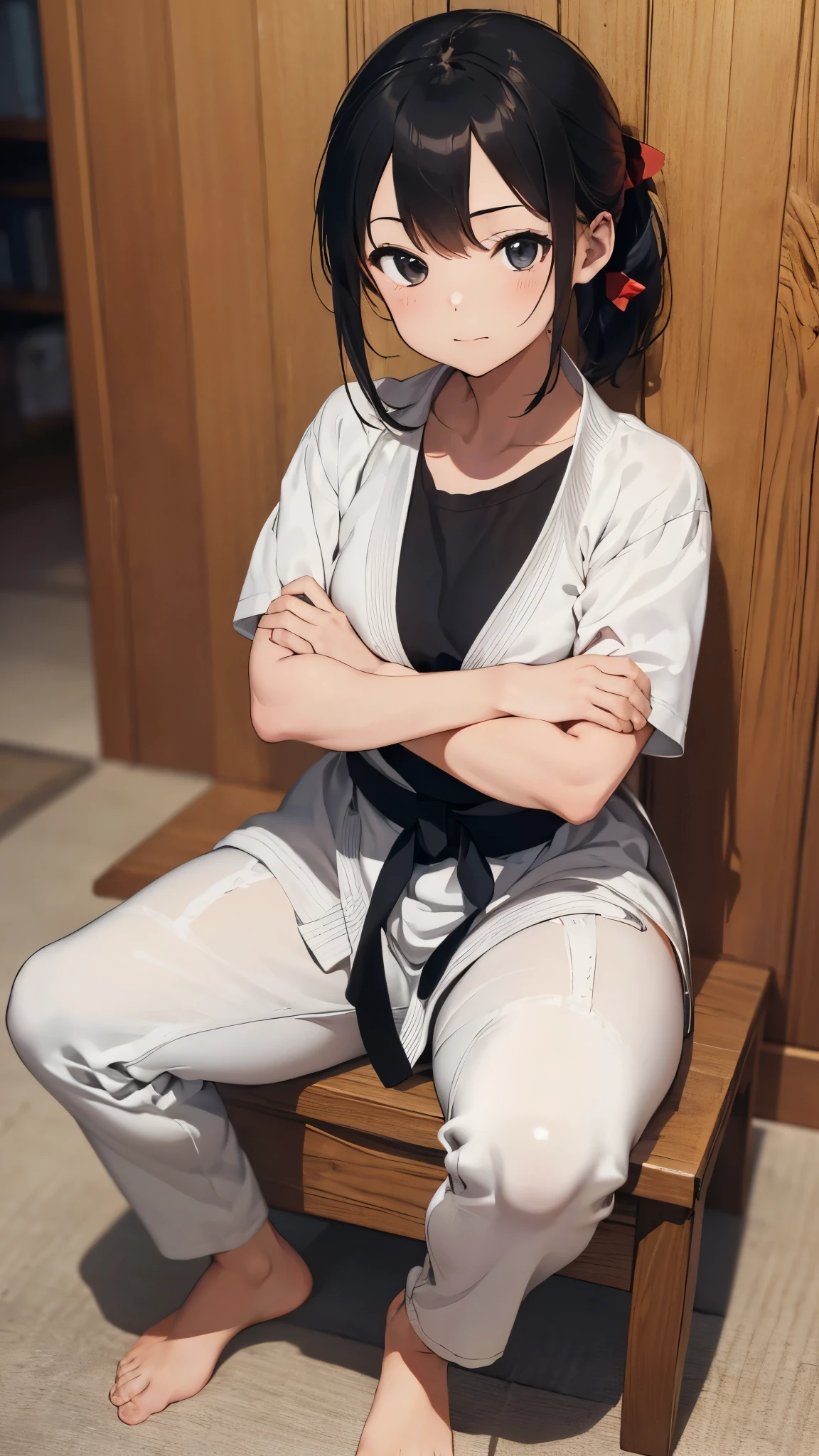 ((masterpiece, best quality, ultra-detailed, very fine 8KCG wallpapers)), 1girl, solo, Slightly chubby, medium hair, black hair, ponytail, black eyes,Judo player、Judo、Inside the dojo、Sitting upright、Eyes closed、Arms crossed、