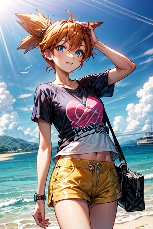 anime, \pokemon\, misty, orange hair, blue eyes, t-shirt, shorts, sunny, summer, happy