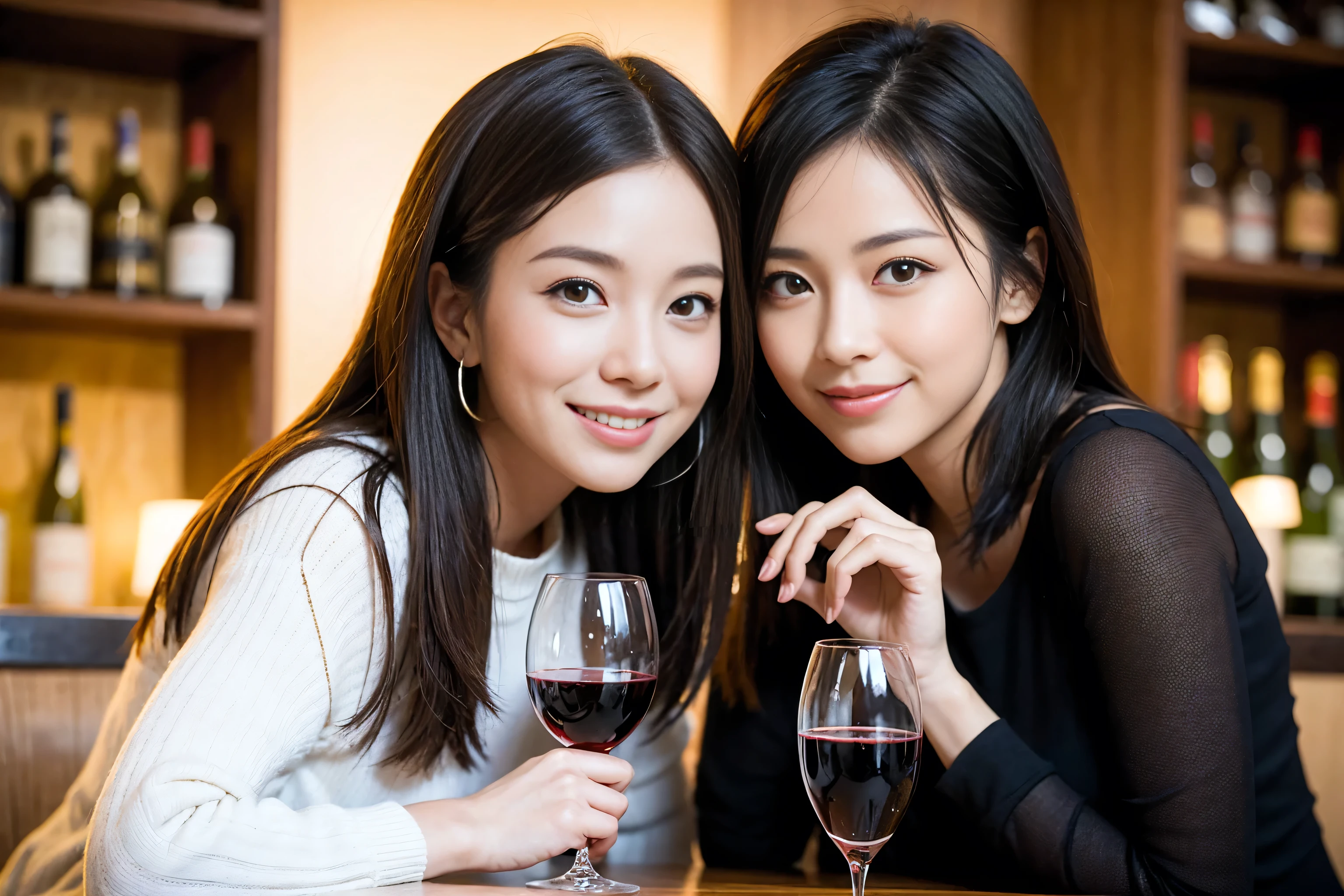 ((highest quality、8k、masterpiece:1.3))、1 woman who resembles Satomi Ishihara、Beauty Couple、Lovers、Couple、full-course dinner、The body is slim、((Bob Hale、Straight hair:1.2)), (Realistic, Intricate details:1.2), Wine glass on the table、Lighting the face、 Amazing view of the sunset sky and clouds、A bright smile、The wonderfulness of smile、Bright image、Beautiful Face, short hair,Bright Face、 (42 years old), 39 years old, red wine 、Appetizers、Italian food、Wine bottle、Champagne、sparkling wine、Two beauties、Brown Hair、Shortcuts、Long sleeve shirt、dress、Nova Frog Style, actress, model, Upper Body, White wine, slim, wine glass, A wine glass placed in the center, smile, (smile: 1.15), Beautiful fine grain, Depth f/2,saturation, High Contrast, Strong light and shadow,Moist Body:1.5、3D texture、Delicate eyes、Brown Hair、The hair is very shiny、