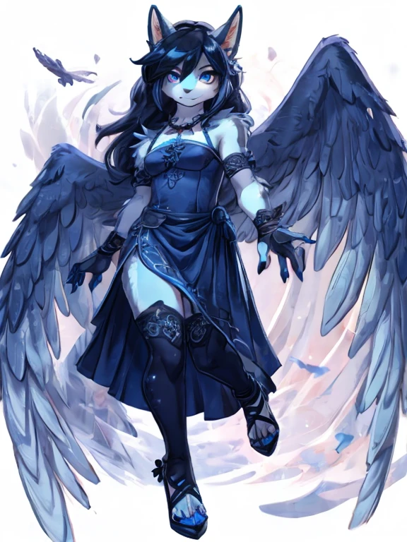 uekura, 1 chica, pelo rubio, Fondo blanco, tiene, vestido, calzado azul, alas, fondo sencillo, firma, flor, nail polish, mangas anchas, mangas largas, Rubor, animal, white flor, solo, cuerpo completo, bird, mirando al espectador, tacones altos, mano en la propia mejilla, mano en la propia cara, volantes, arco, golpes, cinta, campana, sombreros azules, +_+, medias, cabello corto, ojos grises, zapatos, blue nails, feathered alas, blue arco