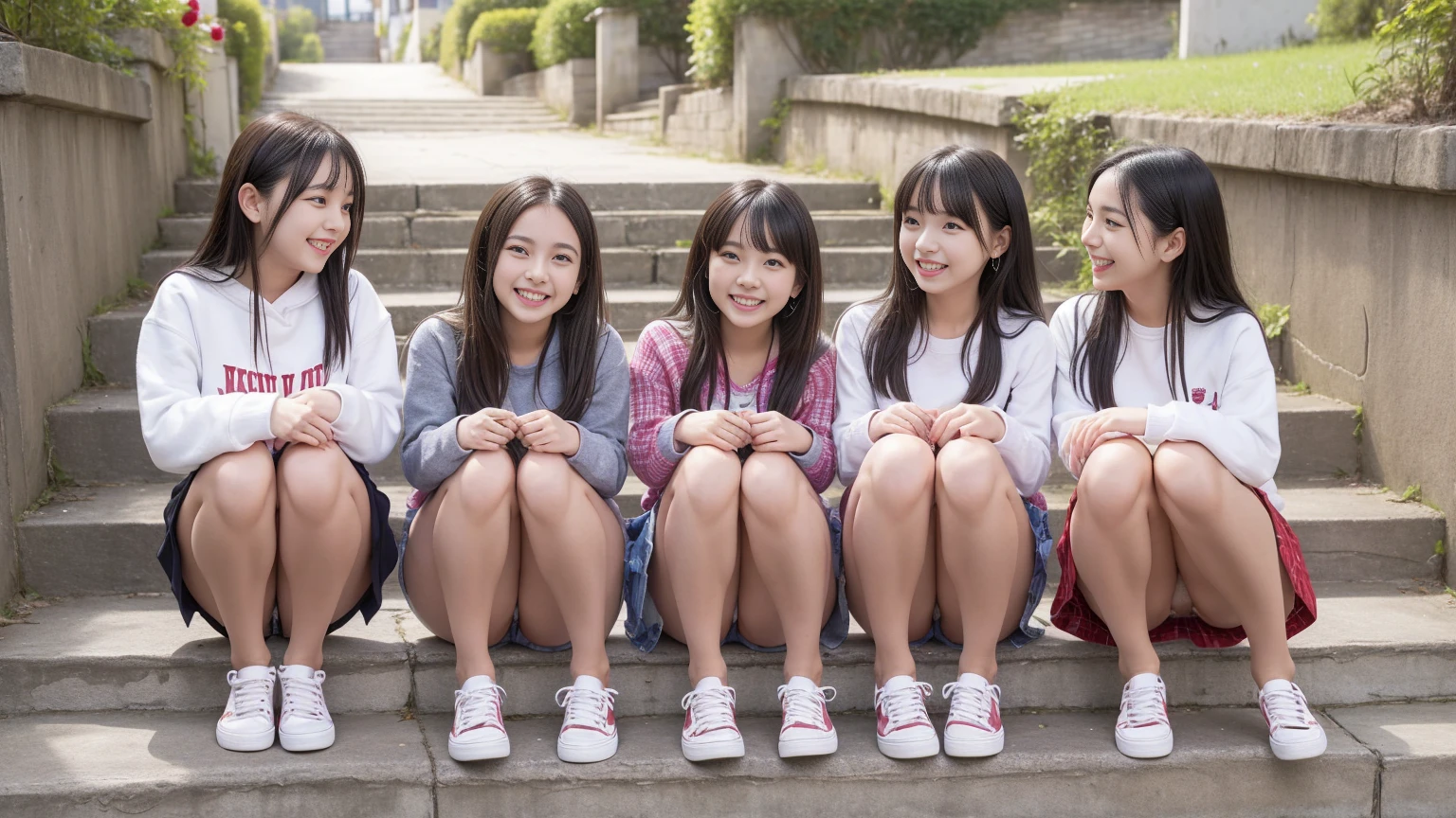 Four happy girls were sitting on the stone steps, Take a full body photo、Laughing happily、She was wearing a short sweatshirt, Vans Sneakers, Red Check Skirt、White sneakers, Black Hair, detached houses, Flowers,Happy girl with round face, Big eyes, Long eyelashes, Full-body display、Small pubic area、Hairless、Detailed female genitalia、Spread your legs、From directly below、I can see your pussy