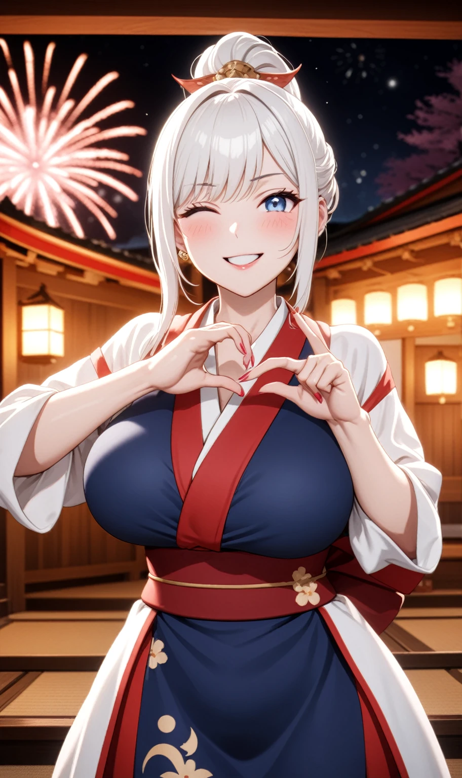 ((one personの女性)), Beautiful Face,Laugh shyly,((Wink:2.0)),Laughing with your mouth open,turn bright red,Glossy pink lips,night,Japanese-style room of the shrine,firework,((Anime style background)),masterpiece, highest quality, so beautiful, Latest, Complex details, (Pink long nails),AI-generated, Complex,High resolution, highest quality, super high quality,3D Images、View your viewers、3D Images,one person,Long white hair,High Ponytail,blue eyes,Anime woman posing for a photo, [[Fine grain、Colorful eyes、Shining Eyes:1.15]],(Squint your eyes:1.1),a hyperRealistic , hyperRealistic , Realistic,Anime woman with long and white hair, Smooth anime CG art, A woman in a colorful kimono with gold embroidery, (Black kimono),Red floral pattern,Long flower hair ornament,Big earrings,(Big Breasts:1.3),Mature Body,expensive,Big Ass,Fine details,Tight waist,Abdominal muscles,(Face close-up:1.5),(Tilt your face:1.8),Shooting from an angle,(A woman making a heart hand sign with their hands in front of their chest:2.0)