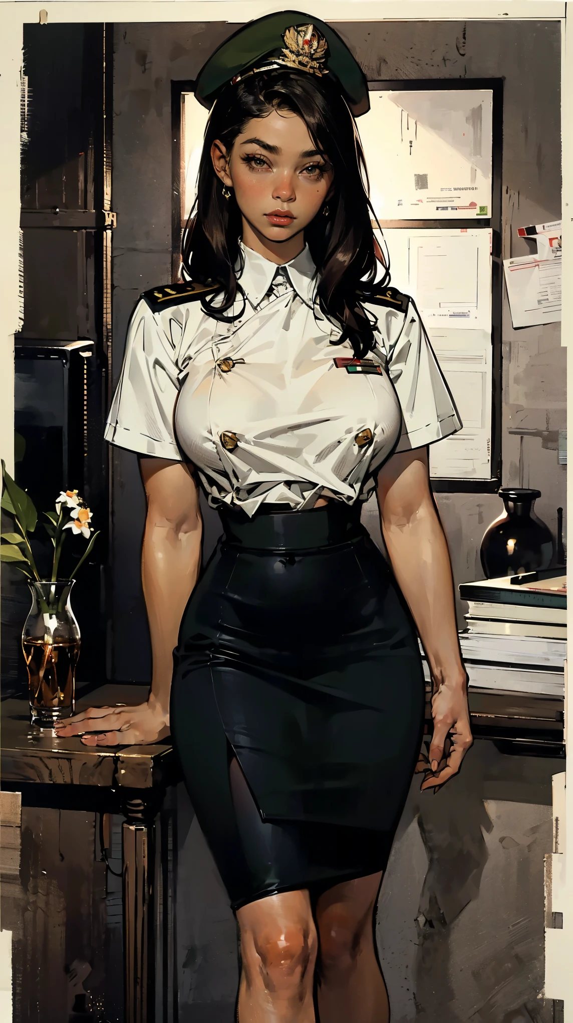 (Best quality, 4K, high resolution, masterpiece:1.2), (ultra-detailed, photo-realistic:1.37), (full-body portrait), 23 years old, Japanese woman, military officer, ambitious, elegance, calm, charming, intimidate, (dark brunette hair), perfect lash, minimal makeup, sun-kissed skin, expressive brown eyes, gloss lips, seductive allure, perfect hourglass body shape, long toned legs, flat abs, perfectly round E cup breasts, very Tall, slim, with peachy hips, (She is wearing a Maroon Beret), (drab color short-sleeved commissioned officer shirt), ((olive pencil skirt)), Background featuring military base.
