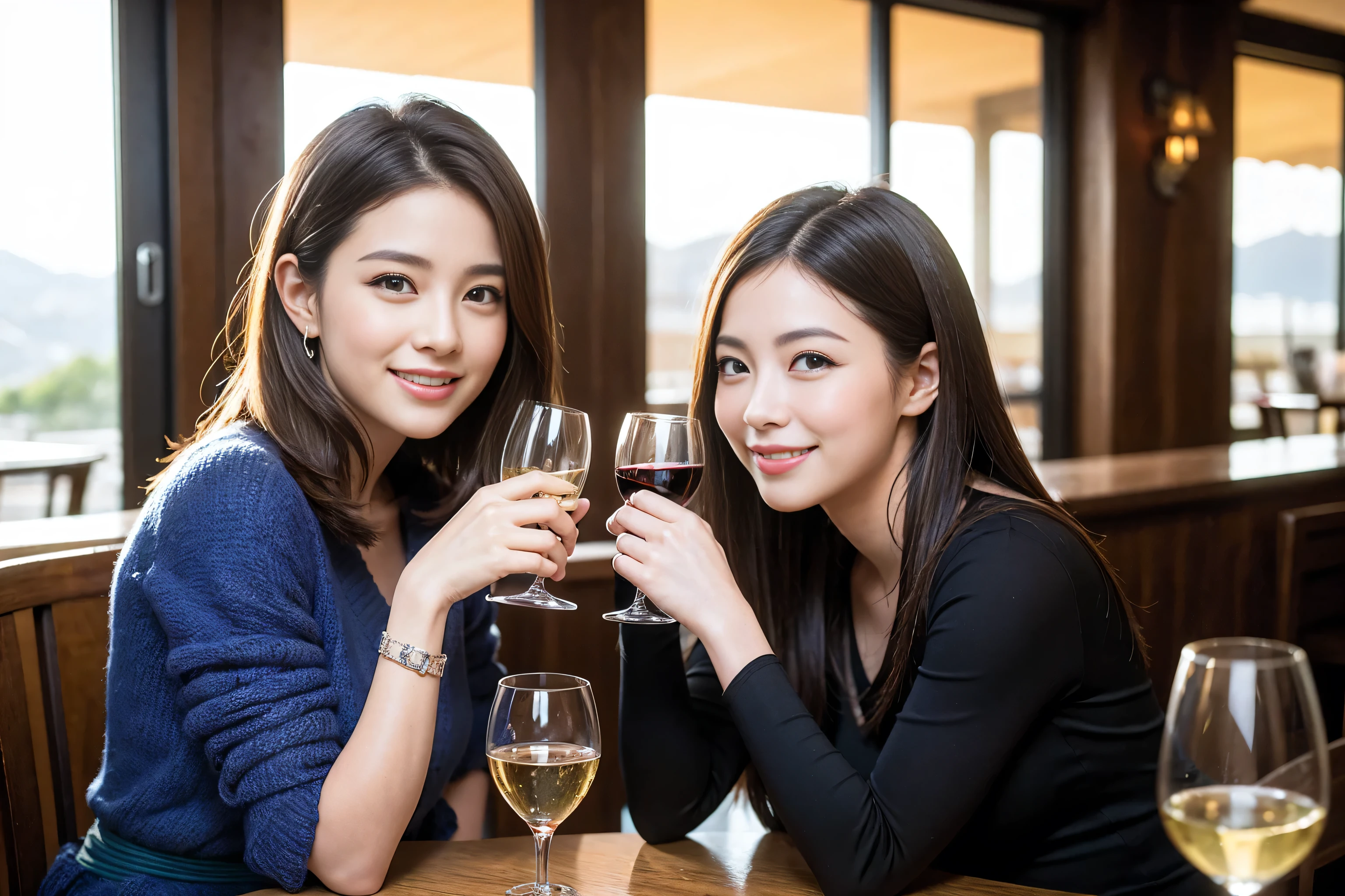 ((highest quality、8k、masterpiece:1.3))、1 male、1 woman who resembles Satomi Ishihara、Couple、Spouse、Couple、The body is slim、((Bob Hale、Straight hair:1.2)), (Realistic, Intricate details:1.2), Wine glass on the table、Shine light on your face、 Amazing view of the sunset sky and clouds、Amazing mountain views、A bright smile、The wonderfulness of smile、Bright image、The beauty of wine, Beautiful Face, blue eyes, The light shines on your face, Blushing, short hair,Bright Face、 (42 years old), 39 years old, red wine 、Appetizers、Italian food、Wine bottle、Champagne、sparkling wine、Two beauties、Brown Hair、Shortcuts、Long sleeve shirt、dress、Pretty Woman 1, (Slim face), (The body is slim), (Brown Hair), (Shortcuts), cheeks turn a little red,Attractive beauty、restaurant, In a prominent place (From the waist up) Nova Frog Style, actress, model, Upper Body, White wine, slim, wine glass, A wine glass placed in the center, smile, (smile: 1.15), Beautiful fine grain, Depth f/2,saturation, High Contrast, Strong light and shadow,Moist Body:1.5、3D texture、Delicate eyes、Brown Hair、The hair is very shiny、