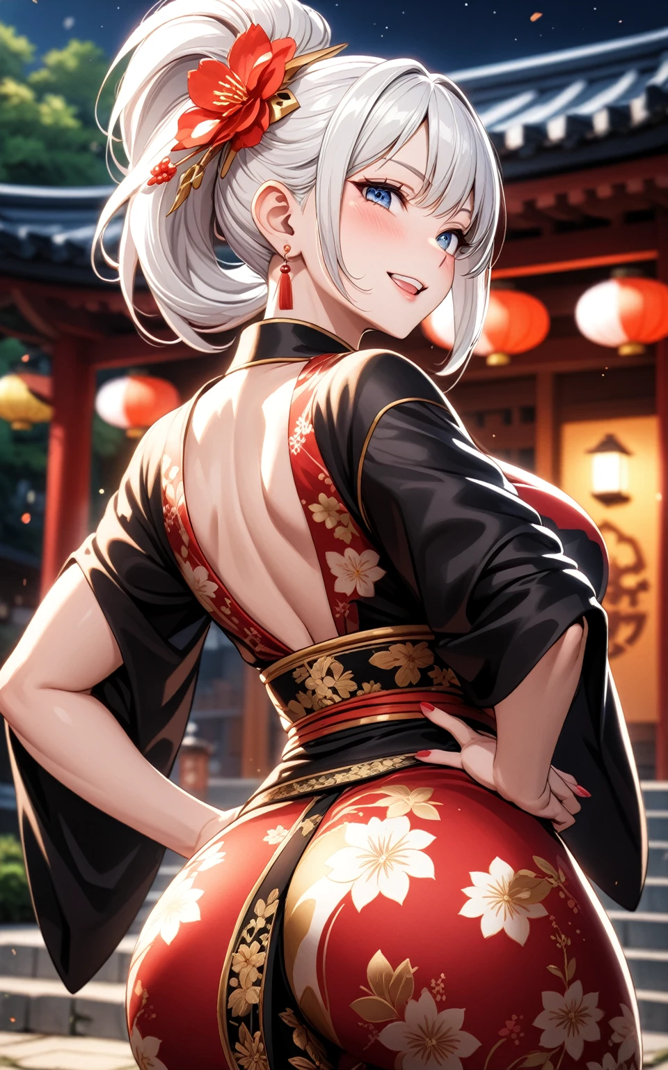 ((one personの女性)), Beautiful Face,Laughing in annoyance,((Wink:1.7)),Laughing with your mouth open,Bright red cheeks,Glossy pink lips,night,Shrine festival sexpensives,((Anime style background)),masterpiece, highest quality, so beautiful, Latest, Complex details, (Pink long nails),AI-generated, Complex,High resolution, highest quality, super high quality,3D Images、View your viewers、3D Images,one person,Long white hair,High Ponytail,blue eyes,Anime woman posing for a photo, [[Fine grain、Colorful eyes、Shining Eyes:1.15]],(Squint your eyes:1.1),a hyperRealistic , hyperRealistic , Realistic,Anime woman with long and white hair, Smooth anime CG art, A woman in a colorful kimono with gold embroidery, (Black kimono),Red floral pattern,Long flower hair ornament,Big earrings,,Mature Body,expensive,Big Ass,Fine details,Tight waist,Abdominal muscles,(Face close-up:1.5),Look Back,Hands on hips