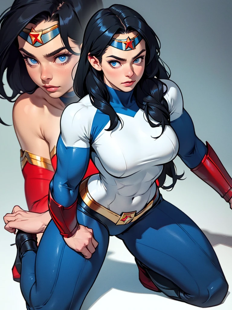 muscular, large breasts, toned body, 1 girl, black hair, pale skin, blue eyes, very long hair kneeling down looking at viewer close up wonderwoman bodysuit