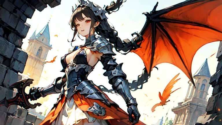 1females\(cute,kawaii,small kid,breast,hair color cosmic,braid hair,messy hair,eye color cosmic,big eyes,magical girl costume,smirk,colorful,dynamic pose,wings on back,breast,kawaii dragon knight,2dragon wings from waist,dynamic pose,fighting stance,holding large sword/),background/(in the sky,shiny,palace\), BREAK ,quality\(8k,wallpaper of extremely detailed CG unit, ​masterpiece,hight resolution,top-quality,top-quality real texture skin,hyper realisitic,increase the resolution,RAW photos,best qualtiy,highly detailed,the wallpaper,cinematic lighting,ray trace,golden ratio\),(dynamic angle:1.4),[nsfw:2.0],(long shot:1.5),(wide shot),(landscape:0.5),dynamic angle