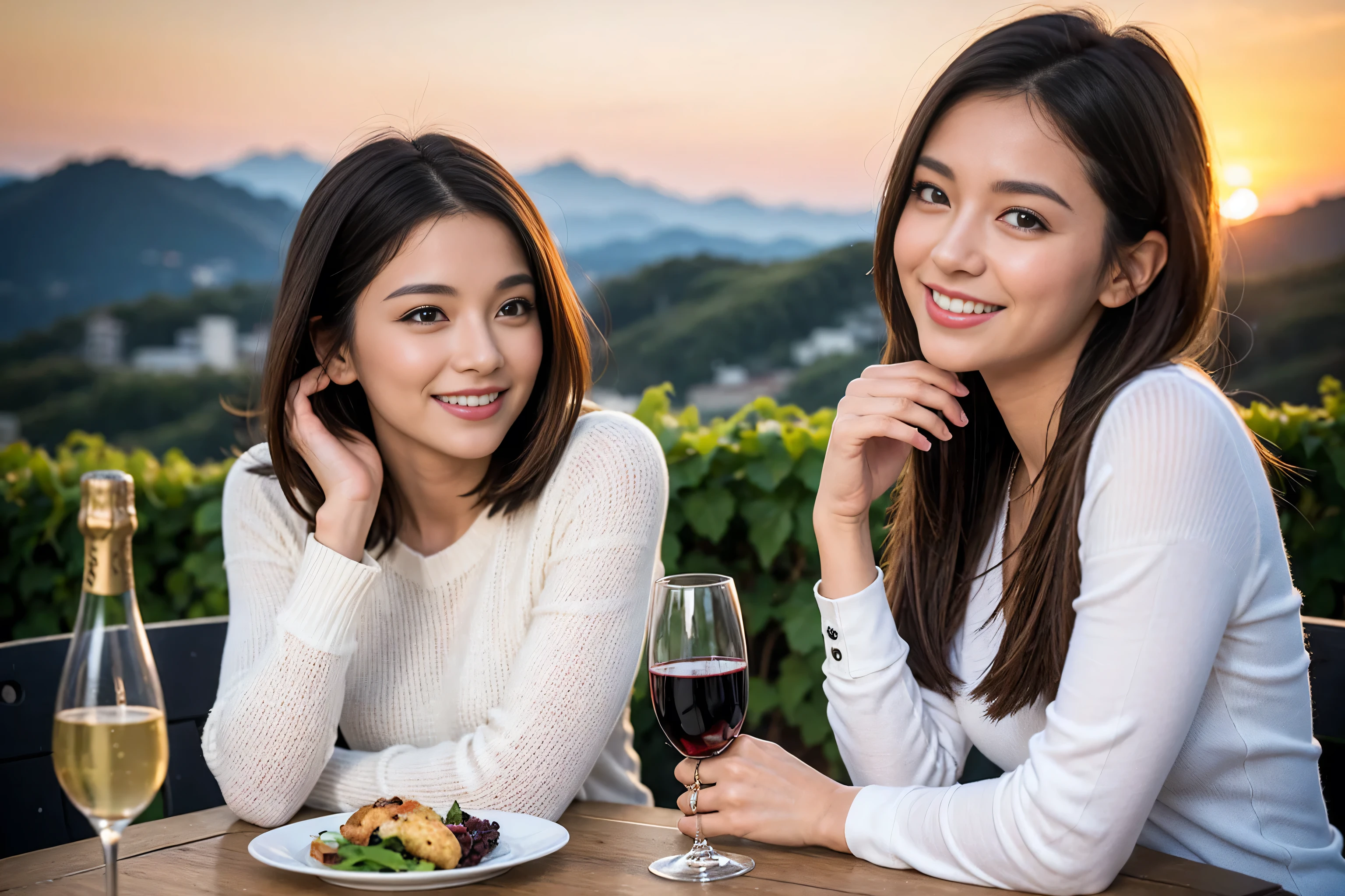 ((highest quality、8k、masterpiece:1.3))、1 male 1 female、spouse、Beautiful couple、smile、 (Slim face), (the body is スリム), (Brown Hair), (Shortcuts), ((Bob Hale、Straight hair:1.2)), Wine glass on the table、Please shine a light on my face、 Amazing view of the sunset sky and clouds、Amazing mountain views、The beauty of a smile、Bright image、Blushing, Shortcuts,Bright Face、 (42 years old), 39 years old, red wine 、Appetizers、Italian food、Wine bottle、Champagne、sparkling wine、Long sleeve shirt、dress、Attractive beauty、restaurant, Nova Frog Style, actress, model, Upper Body, White wine, red wine, wine glass,