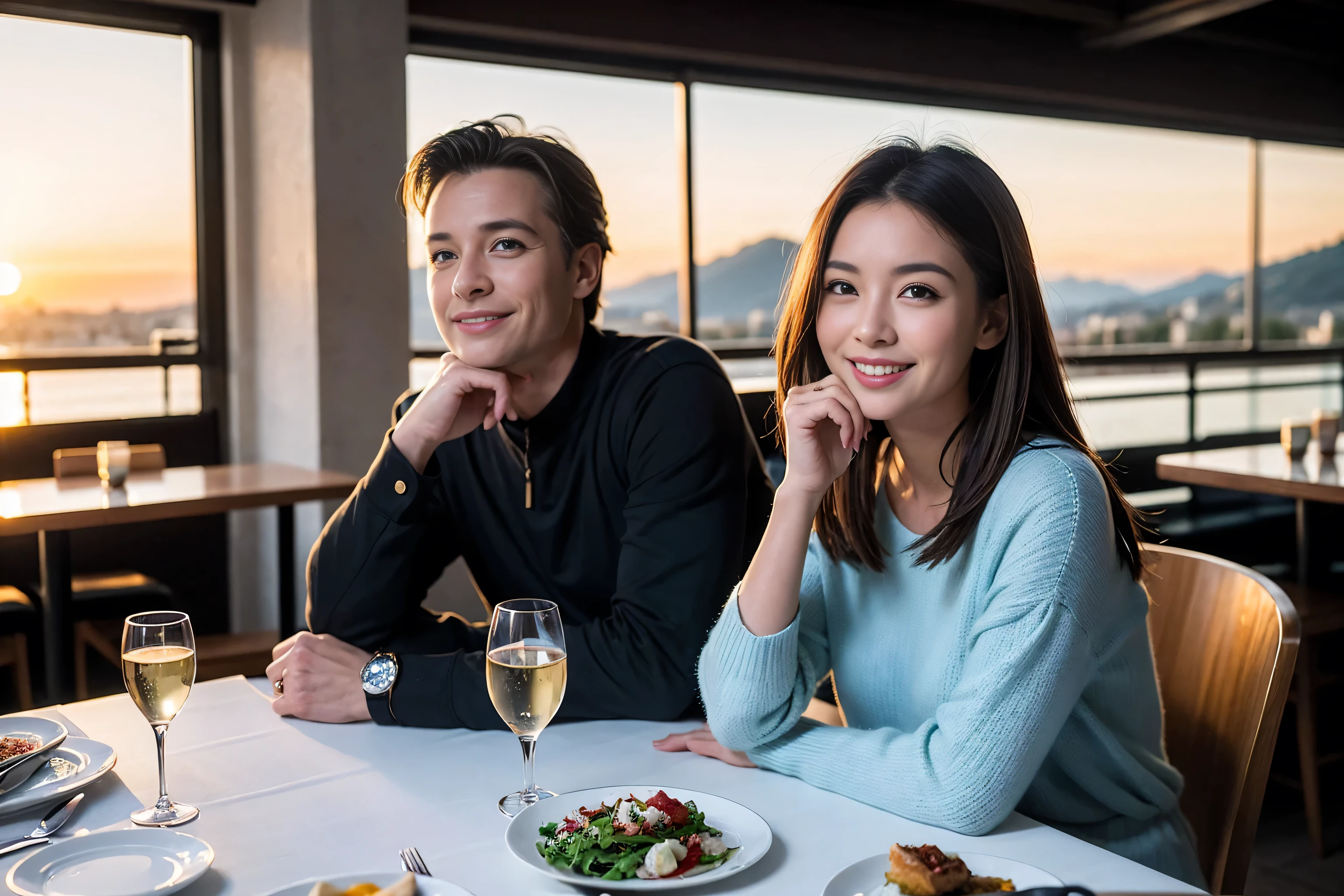 ((highest quality、8k、masterpiece:1.3))、1 male 1 female、spouse、Beautiful couple、smile、 (Slim face), (the body is スリム), (Brown Hair), (Shortcuts), ((Bob Hale、Straight hair:1.2)), Wine glass on the table、Please shine a light on my face、 Amazing view of the sunset sky and clouds、Amazing mountain views、The beauty of a smile、Bright image、Blushing, Shortcuts,Bright Face、 (42 years old), 39 years old, red wine 、Appetizers、Italian food、Wine bottle、Champagne、sparkling wine、Long sleeve shirt、dress、Attractive beauty、restaurant, Nova Frog Style, actress, model, Upper Body, White wine, red wine, wine glass,