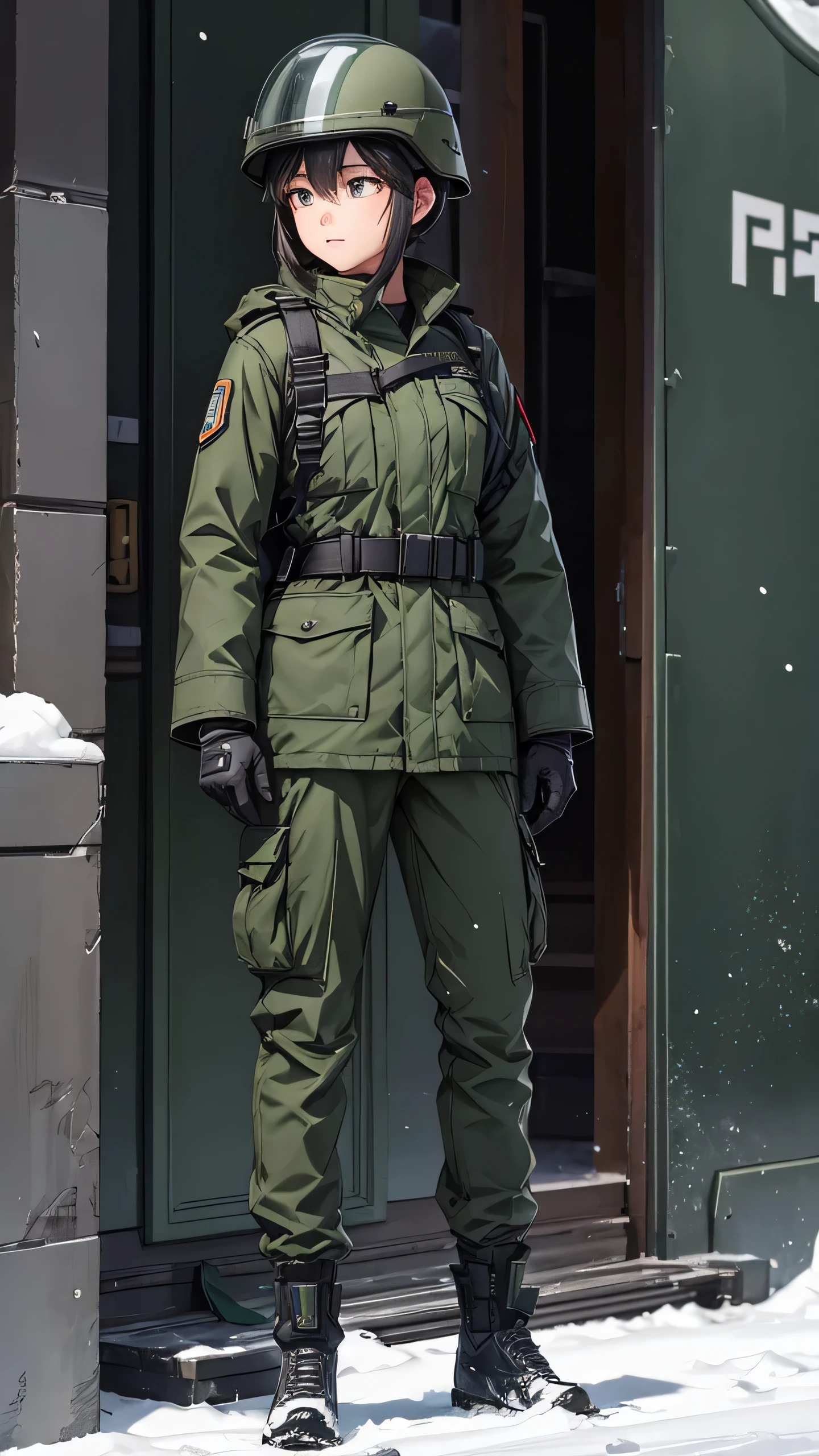 A female soldier wearing a helmet stands at attention、Dark green winter knee-length coat、body facing forward、military trousers、Police gloves、Show the whole female soldier's body、Write details、masterpiece、best quality、Highly detailed CG、8K picture quality、theater lighting、lens flare