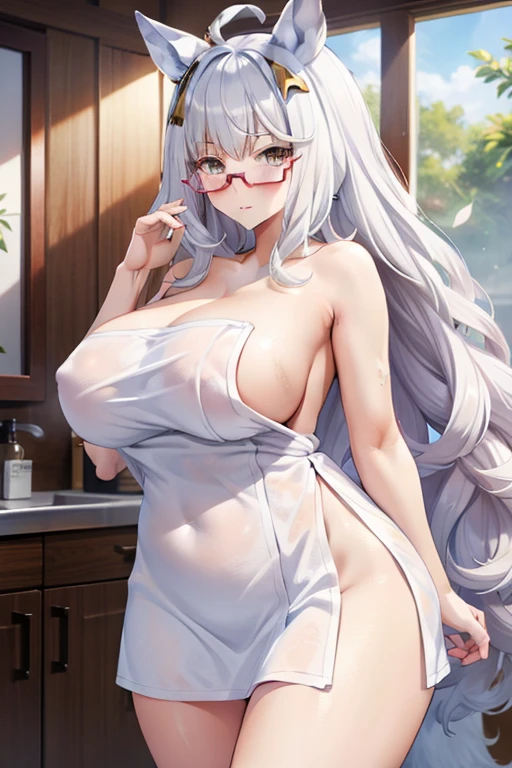 biwa hayahide \(umamusume\), under rim glasses, Sexy body, plump, big tits, sexypose, naked towel, towel