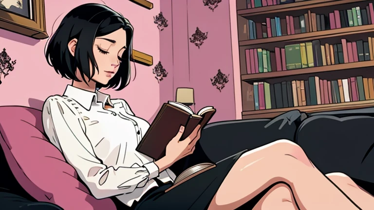 Beautiful woman in her 30s with short black hair is sitting on the sofa. Looking down, eyes closed, LOFI girl, alone in the room, blouse, cozy wallpaper, big cushion, bookshelf, relaxing mood, night core, cozy, wide glass window with skyscrapers, outside view at night, only five fingers, pink wall, Holding a book in hand,
