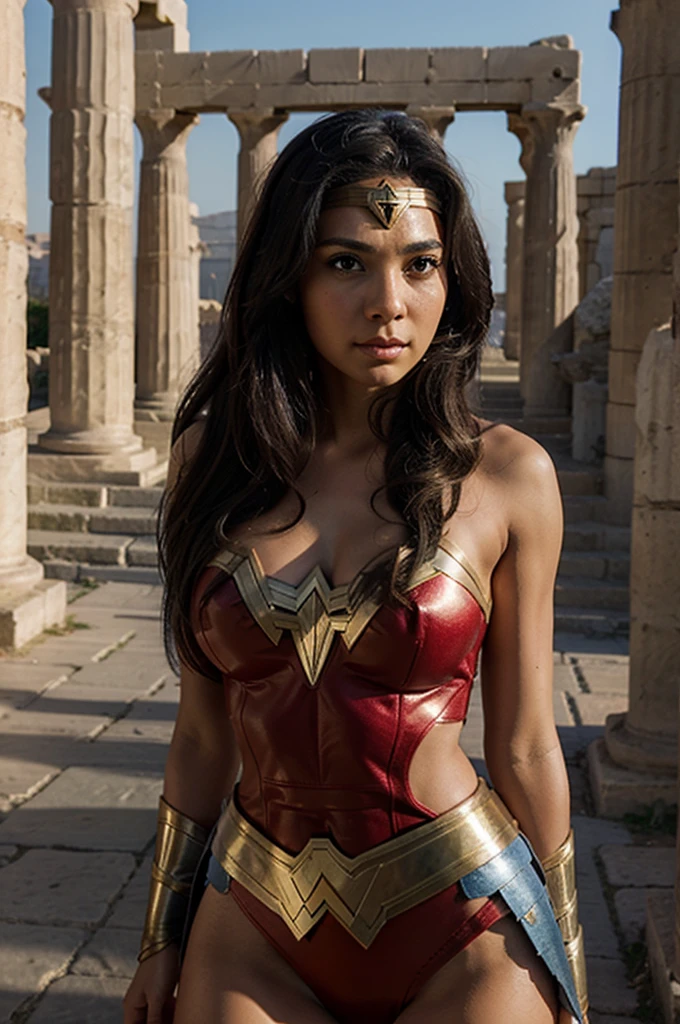 lindo, morena, wonderwoman costume, greek temple