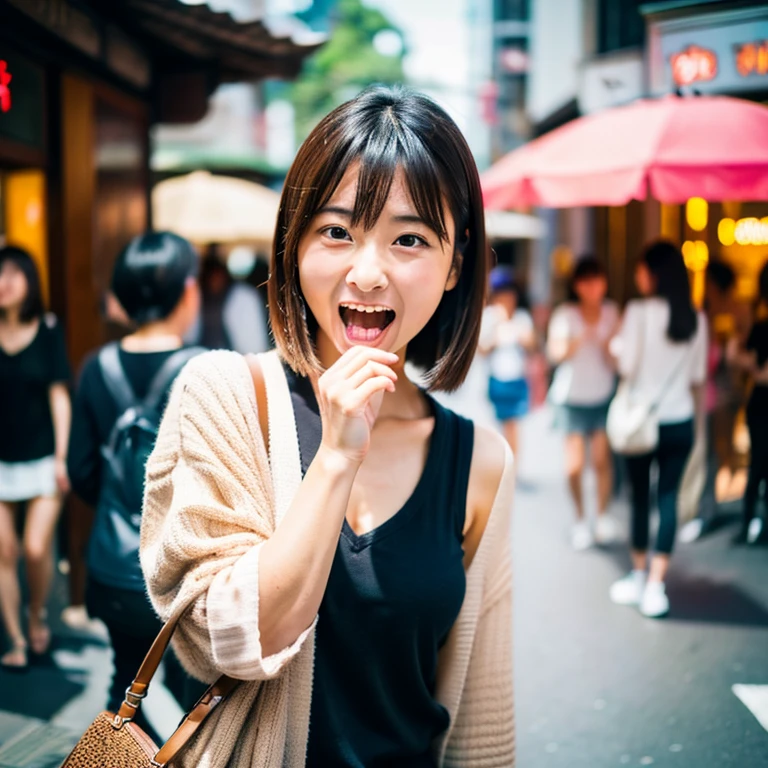 masterpiece, 8k, high quality, High resolution, Beautiful Japanese Women, 30 years old, (Detailed face, Fine grain), ((Open your mouth wide, Surprised face)), Alone on the street, Full body photo
