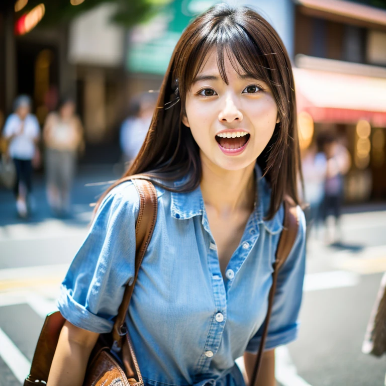 masterpiece, 8k, high quality, High resolution, Beautiful Japanese Women, 30 years old, (Detailed face, Fine grain), ((Open your mouth wide, Surprised face)), Alone on the street, Full body photo