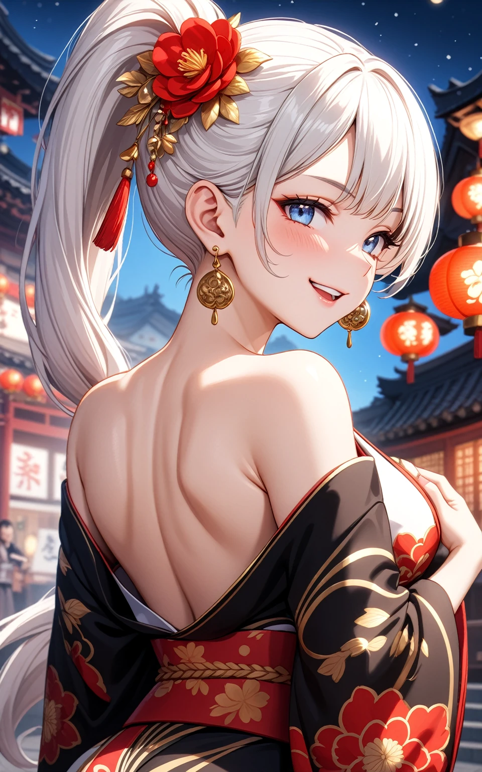 ((one personの女性)), Beautiful Face,Laughing in annoyance,((Wink:1.7)),Laughing with your mouth open,Bright red cheeks,Glossy pink lips,night,Shrine festival sexpensives,((Anime style background)),masterpiece, highest quality, so beautiful, Latest, Complex details, (Pink long nails),AI-generated, Complex,High resolution, highest quality, super high quality,3D Images、View your viewers、3D Images,one person,Long white hair,High Ponytail,blue eyes,Anime woman posing for a photo, [[Fine grain、Colorful eyes、Shining Eyes:1.15]],(Squint your eyes:1.1),a hyperRealistic , hyperRealistic , Realistic,Anime woman with long and white hair, Smooth anime CG art, A woman in a colorful kimono with gold embroidery, (Black kimono),Red floral pattern,Long flower hair ornament,Big earrings,,Mature Body,expensive,Big Ass,Fine details,Tight waist,(Face close-up:1.2),Look Back,Stick your ass out