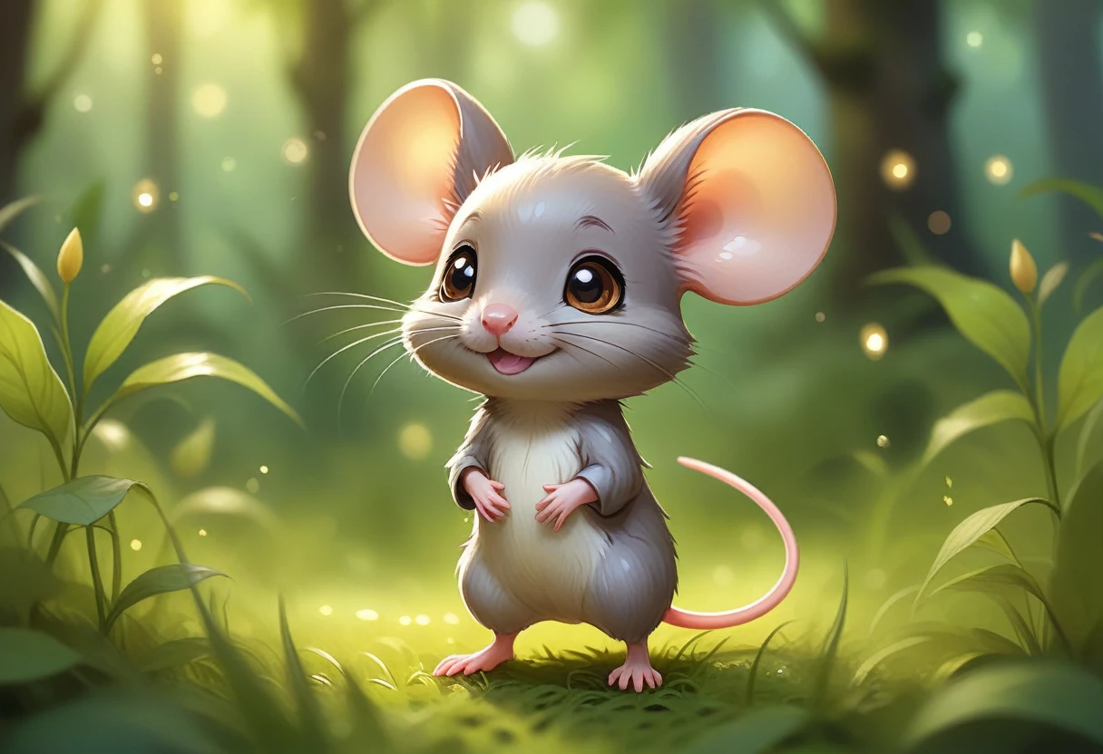 A little mouse standing in the grass, , Cute digital art, , MapleStory Mouse, Cute mouse Pokémon, Cute forest creatures, Fantasy painting,Lovely, Magic concept art, Epic Concept Art. Bokeh, Anthropomorphic mouse