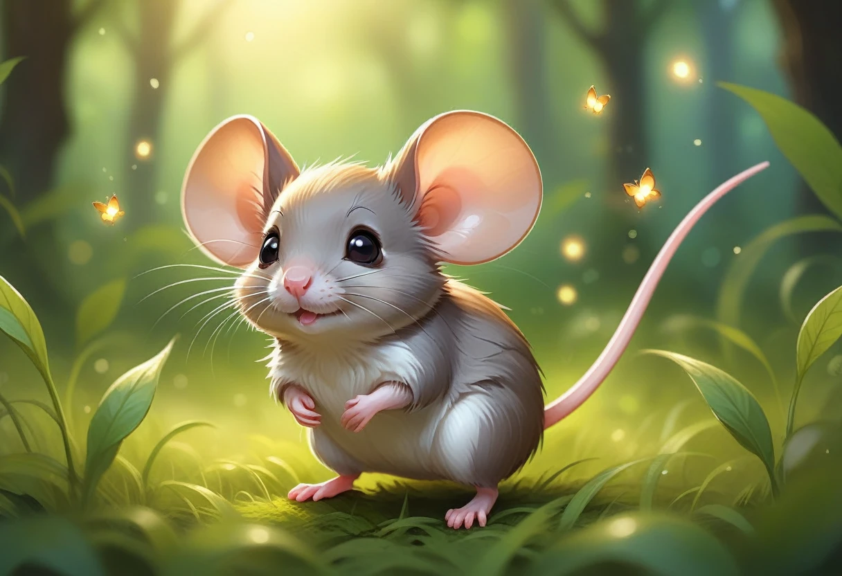 A little mouse standing in the grass, , Cute digital art, , MapleStory Mouse, Cute mouse Pokémon,  Cute forest creatures, Fantasy painting，Lovely, Magic concept art, Epic Concept Art. Bokeh, Anthropomorphic mouse