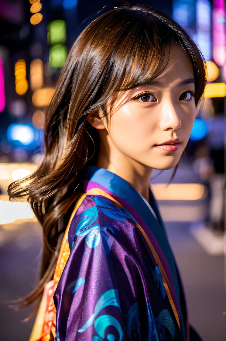 Beautiful Japanese Supermodel Women, Hair with subtle highlights, Iris, sexy,Street background,Gorgeous kimono , The liquid color runs down her face, Backlit shooting,perfect face lighting,Mixed Media