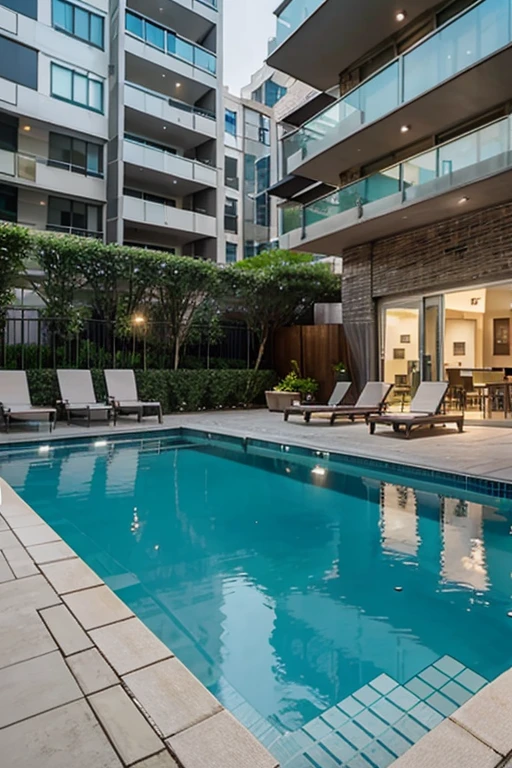 Outdoor condo pool, 6th floor in the city, building should be modern design full glass