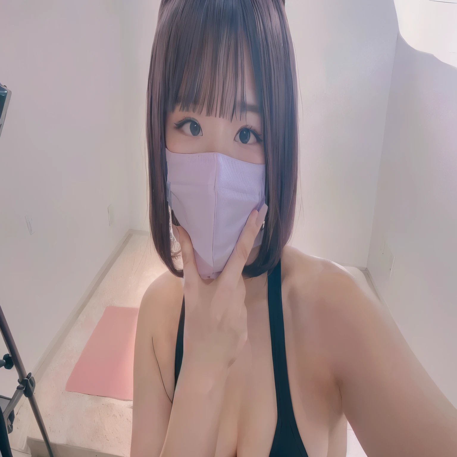 there is a woman with a pink face mask covering her face, From 8k matte, 8k!!, Yoshitomo Nara, Beasts, Chiho, one single mask, shikamimi, mask off, 4K!, A clear and pretty face, sakimichan, facemask, ( ( mask ) )