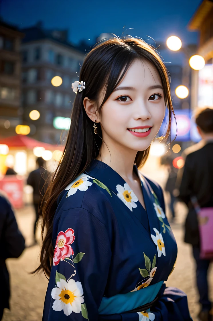 (8k、Raw photo、highest quality、masterpiece:1.2)、(Realistic、Photorealistic:1.37)、Ultra-detailed、超A high resolution、1 girl、Seeing the viewer、Beautifully detailed face、Laughter、narrow、(Slim waist) :1.3)、Beautifully detailed skin、Skin Texture、Floating Hair、Professional Lighting、Human whole body、Long Hair、Blonde、Floral Yukata、festival、On the street、Sparkler、Bob Hair