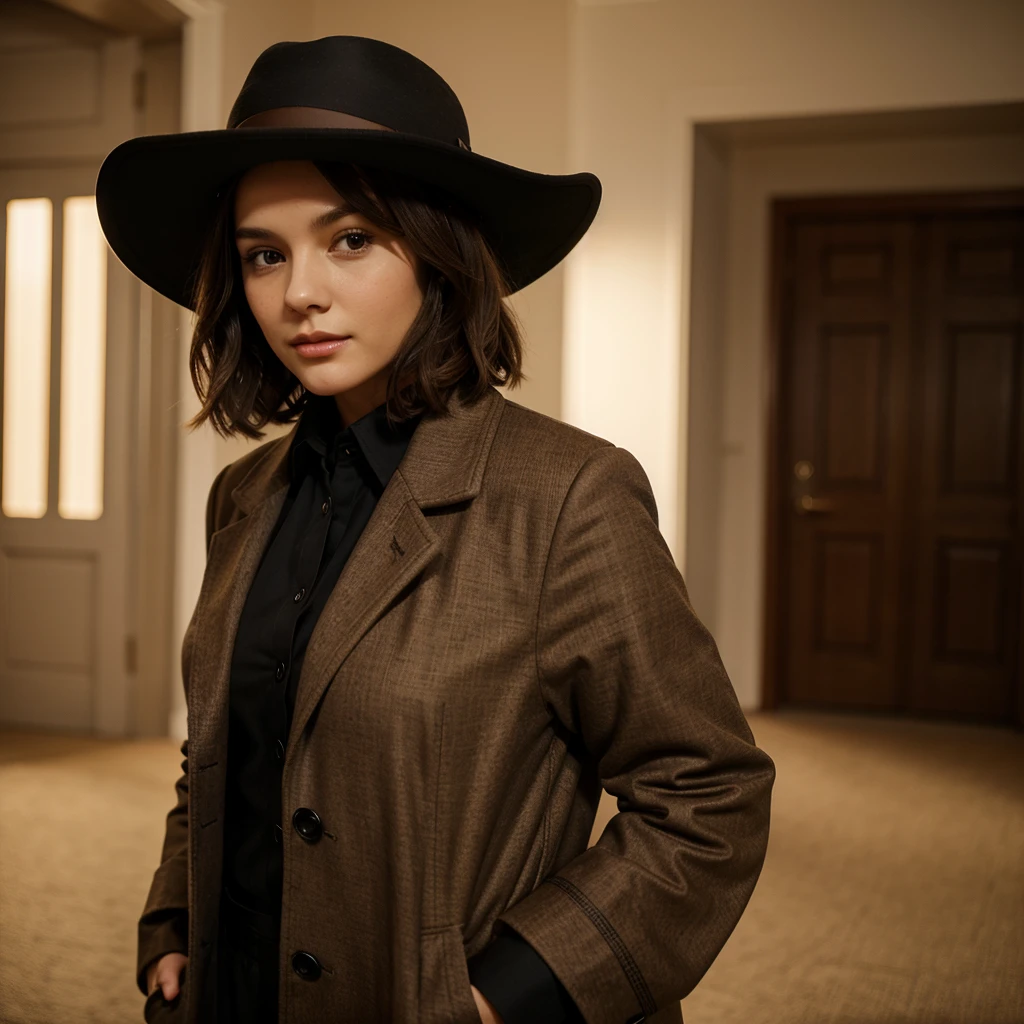 Young woman, short brown hair, Brown eyes, dressed in a frock coat, shirt, and a black hat