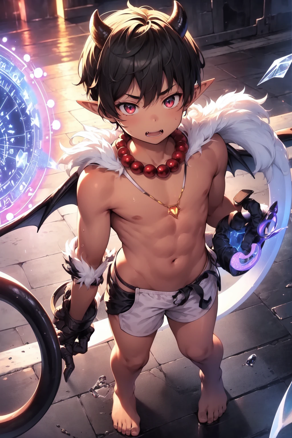 (((Masterpiece))), (((Best Picture Quality))), High Quality, (((Rich and Vivid Colors))), ((Abundant Details)), (Ultra-High Resolution), 8K Resolution, Exquisite Imagery, (((Strong Perspective, Intense Visual Impact))).
Anime Style, Manga Style, Illustrations, Original Art, CG. Depth of Field, Eye Level, (Full Body Shot, Full Body Standing Illustration), (Pure White Background).
(((Solo))), (Handsome Guy, Cool and Dashing, Beautiful Young Man, Boy), Warrior and Swordsman Classes, ((Male Protagonist Attire, Male Lead)), Pale and Delicate Skin, (Protagonist's Face), Hedgehog Hairstyle, Devil Horns, (Blue Short Hair), (Purple Tips), Lively and Spirited (Bangs), Under Thick Eyebrows (Refined Facial Features, Perfect Face), Watery, Bright and Expressive ((Golden Glowing Eyes)), a Pair of Elf Ears, Half (Devil Wings) Growing from Behind, and (Devil Tail). He Maintains a Combat Stance, (Battle-Weary) He, with Particularly Noticeable (Wounds) on His Body, (Gloves and Bracers) in Tatters, Excited Expression, Tense Demeanor, Face and Body Covered with (Beads of Sweat), Mouth Slightly Open Revealing (Fangs), (Barefoot), Holding a Sharp Sword, Charging Forward, (Red Crystal Pendant) Around His Neck, and the Blouse Fluttering in the Wind Revealing (Lean Physique), Sexy and Firm (Abs), (Navel).
Surrounded by Luminous Blue (Lightning and Gases), Floating Nearby are Condensed (Crystals), and (Flames), Above His Head Appears a Huge Purple-Red Magical (((Magic Circle))).