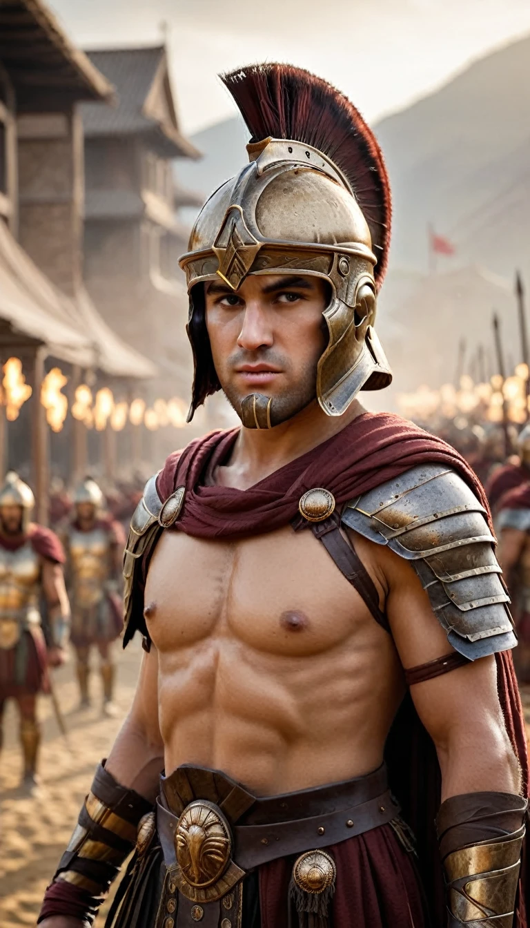 Cinematic style, As the sun began to set, The warm golden hues of the sun illuminated his ornate attire, casting a warm glow across the area, Create a detailed image of the annual Spartan event, featuring a massive arena where the best Spartan warriors and the bravest Helot slaves prepare to battle to the death, background dark, hyper realistic, ultra detailed hyper realistic, photorealistic, Studio Lighting, reflections, dynamic pose, Cinematic, Color Grading, Photography, Shot on 50mm lens, Ultra-Wide Angle, Depth of Field, hyper-detailed, beautifully color, 8k,