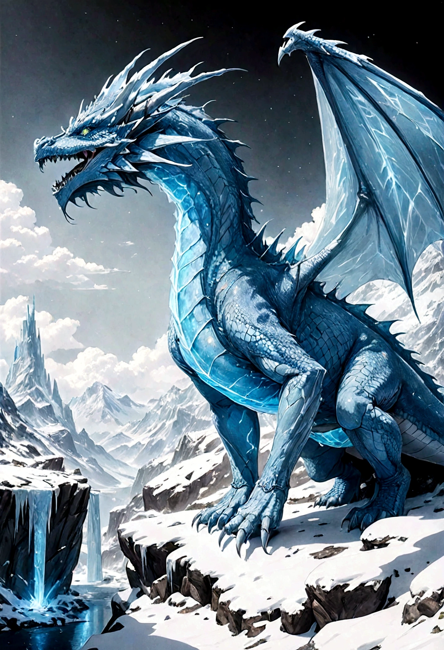 (((1 Girl))),Imperial Water,A magician,(Loose dress:1.5),(Perfect facial features:1.4),(Blue silk robe),(神秘的Magic Circle:1.2),((Ice Dragon)),(Ice crystal scales),blue glow,(Frost wings),Powerful ice magic,icicle,Towering above the landscape,Blue light cold light,Ice storms,Wind,Flying snow ice and snow,Amazing results,,best quality,masterpiece,Ultra-high resolution,Meticulous attention to detail,Intricate details,8K resolution,8KUCG Wallpaper,HDR,water blue,Magic Circle,Lighting Effects,Chiaroscuro,Ray tracing、NVIDIA RTX