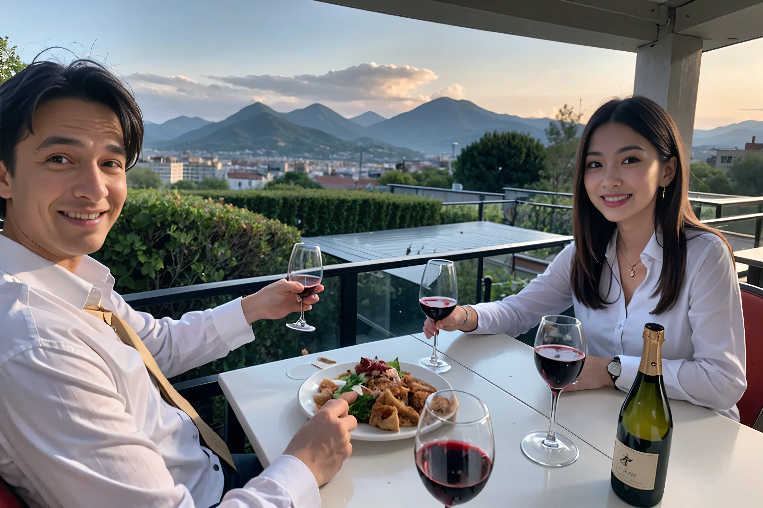 ((highest quality、8k、masterpiece:1.3))、1 male 1 female、spouse、Beautiful couple、smile、 (Slim face), (the body is スリム), (Brown Hair), (Shortcuts), ((Bob Hale、Straight hair:1.2)), Wine glass on the table、Please shine a light on my face、 Amazing view of the sunset sky and clouds、Amazing mountain views、The beauty of a smile、Bright image、Blushing, Shortcuts,Bright Face、 (42 years old), 39 years old, red wine 、Appetizers、Italian food、Wine bottle、Champagne、sparkling wine、Long sleeve shirt、dress、Attractive beauty、restaurant, Nova Frog Style, actress, model, Upper Body, White wine, red wine, wine glass, 