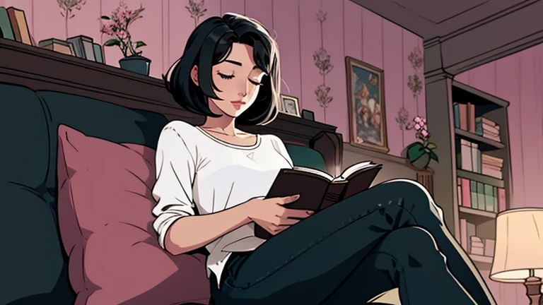 Beautiful woman in her 30s with short black hair is sitting on the sofa. Looking down, eyes closed, LOFI girl, alone in the room, blouse, cozy wallpaper, big cushion, bookshelf, relaxing mood, night core, cozy, wide glass window with skyscrapers, outside view at night, only five fingers, pink wall, Holding a book in hand,