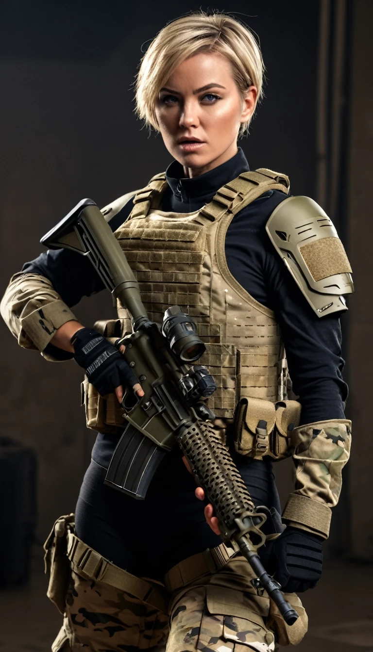Cinematic battlefield in afghanistan, a ultra-detailed hyperrealistic photography of a beautiful 25 years old american soldier woman, (blonde hair with extra long pontyail), blue eyes, american aesthetics, short hair, night, curvy, beautiful curves, army aesthetics, special forces outfit, high emphasis on detail, style Semi Impasto, matte painting, atmospheric, glowing, dramatic lighting, beautiful eyes, symmetric eyed, perfect eyes, by Magali Villeneuve, wet, moist, reflection, (masterpiece) ( Perfect proportions) (realistic photos) (highest quality) (detail) shot taken by Canon EOS R5, 50mm lens, f/2.8, HDR, (8k) (wallpaper) (movie lighting) (dramatic lighting) (sharp focus) (complex) fashion, special forces, captain, american military, , in combat, realistic uniform, multicam, fit, chest protection, united states military, camouflaged, multicam, american patter, bulletproof vest, covered skin, bullet rpoof vest, vest, special forces, combat zone, team leader, captain, united states military, officer, special forces, green berets, explosions, battle damage, K-9 Handler, German Shephard handler, dog handler, k-9, german shephard, has a german shephard, military dog, military shephard, tatoos, dog, handler, has a dog, has a pet dog, dog is next to, holding leash