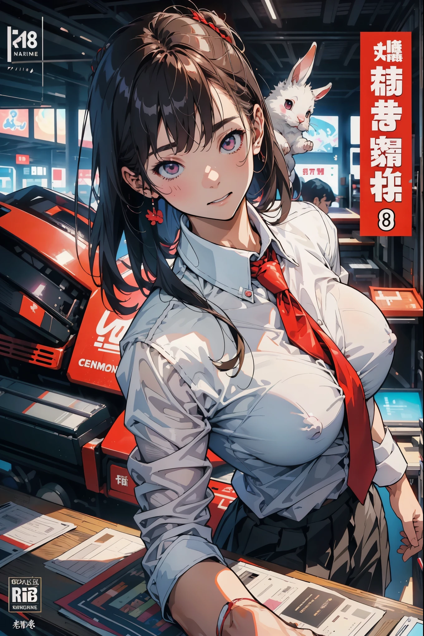 Sakurajima,rabbit,Uniforms，White shirt，Conservative，With a touch of life，Red tie，Ocean park，Comic cover style，Comic cover title,8K（（Very large breasts））Moist skin