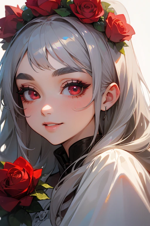 (highest quality, masterpiece:1.2), High resolution, 最高masterpiece、Very detailed, Realistic:1.37, Fantasy, An illustration,Gray Hair、 Red eyes、Queen, White Dress、beautifully、Eyeshadow Red、Thick eyebrows、Long eyelashes、pupils are black、shiny on the lips、Top Sites、Queen、Princess、A kind smile、Show your teeth a little and smile、Soft impression、people々々々々々々Loved by、Slimming the face、Kissing Face、Long white hair、Shaggy Bangs、Save face image、Long straight line、Many roses in the background、